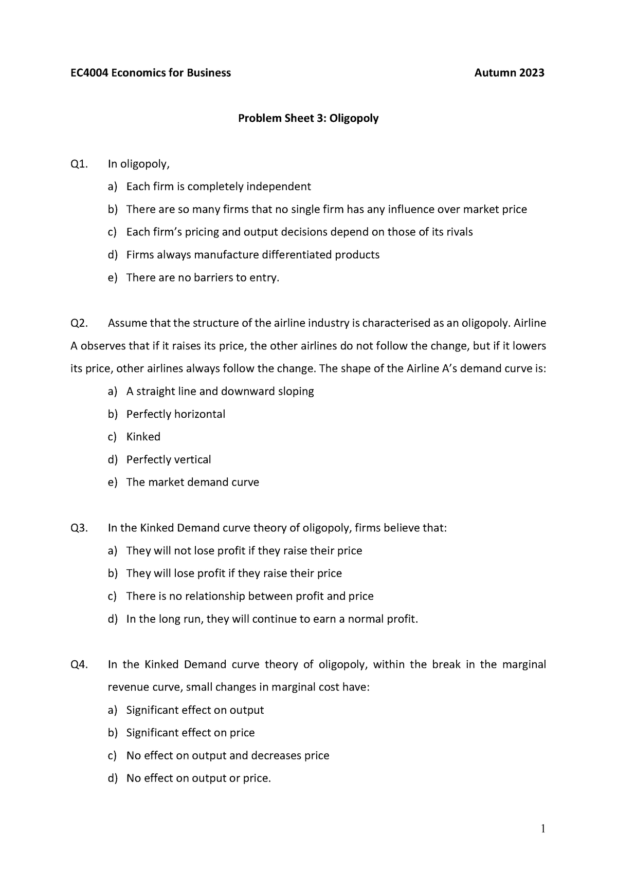 EC4004 Tutorial Problem Set Week 4 - 1 EC4004 Economics For Business ...