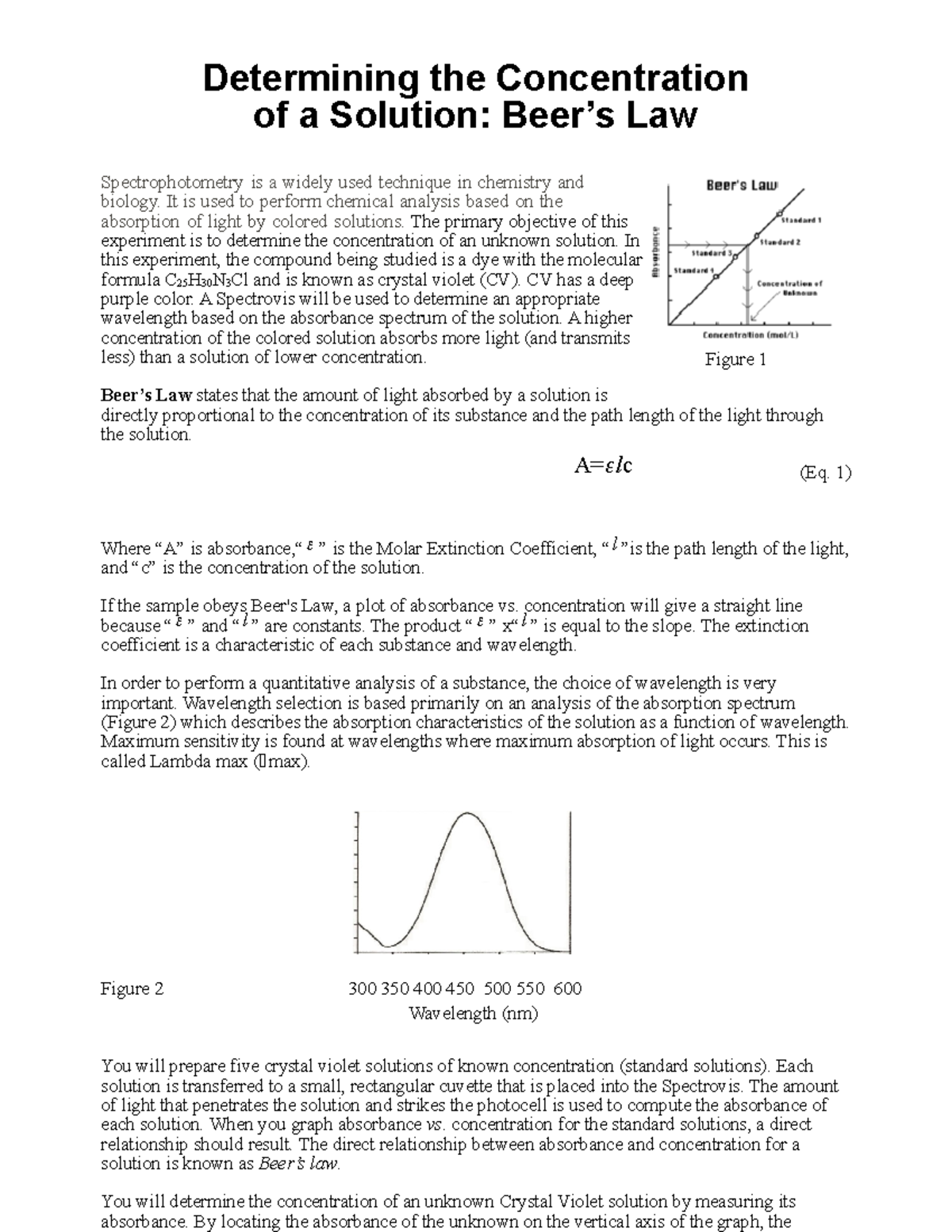 Chem 181 4 Beer's Law Beer Lab Pre lab Determining the