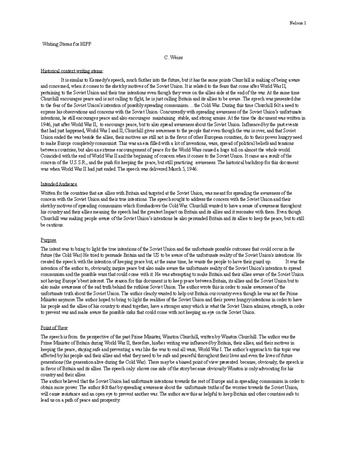 The Iron Curtain Speech Nelson 1 Writing Stems for HIPP C. Weiss