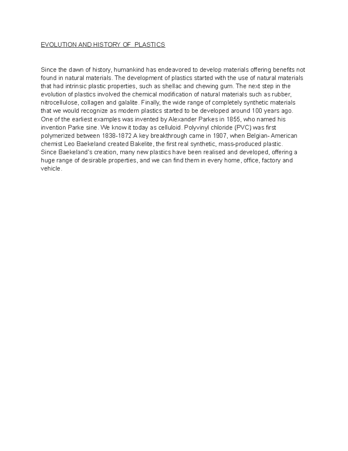 Evolution AND History OF Plastics EVOLUTION AND HISTORY OF PLASTICS