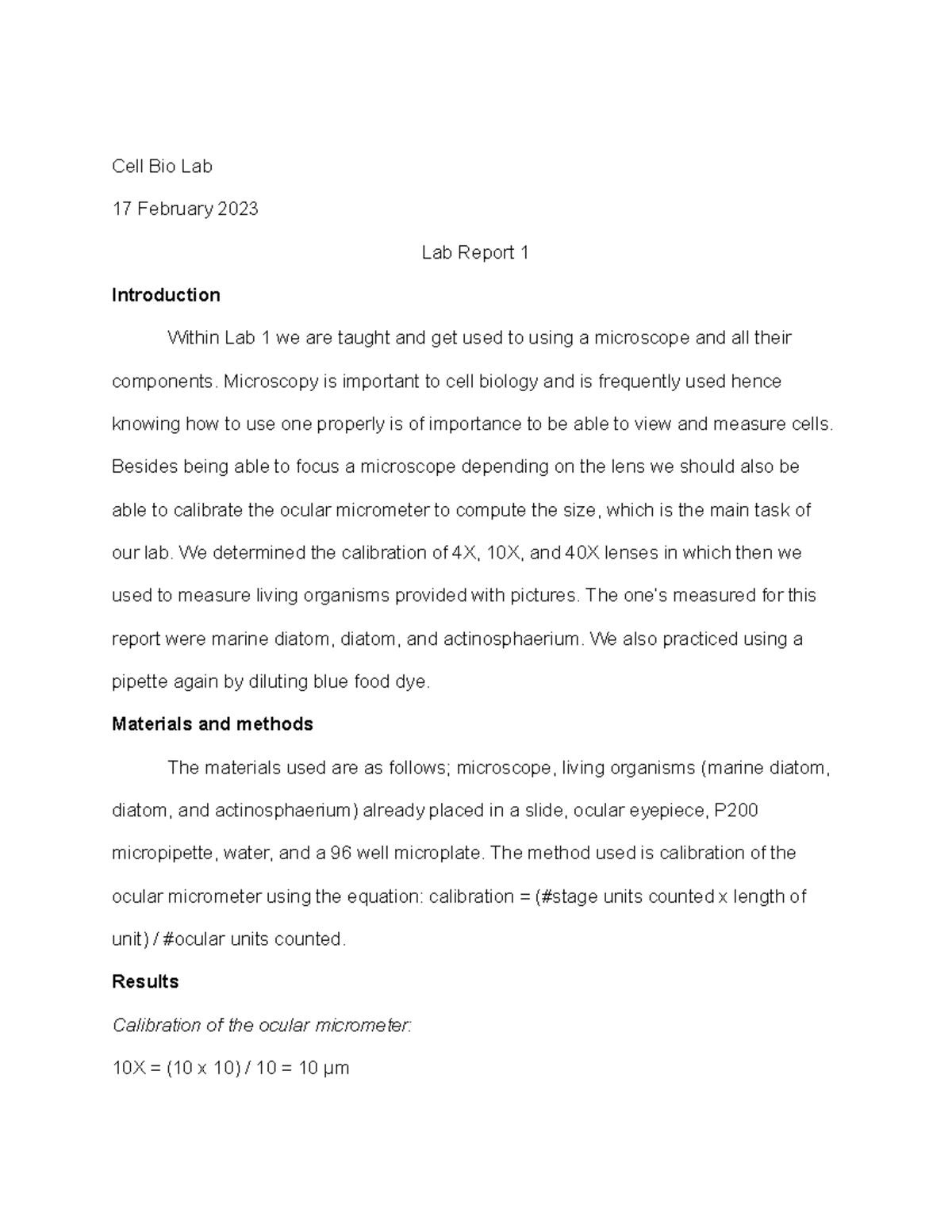 Cell Bio Lab 1 - Cell Bio Lab 1 - Cell Bio Lab 17 February 2023 Lab ...