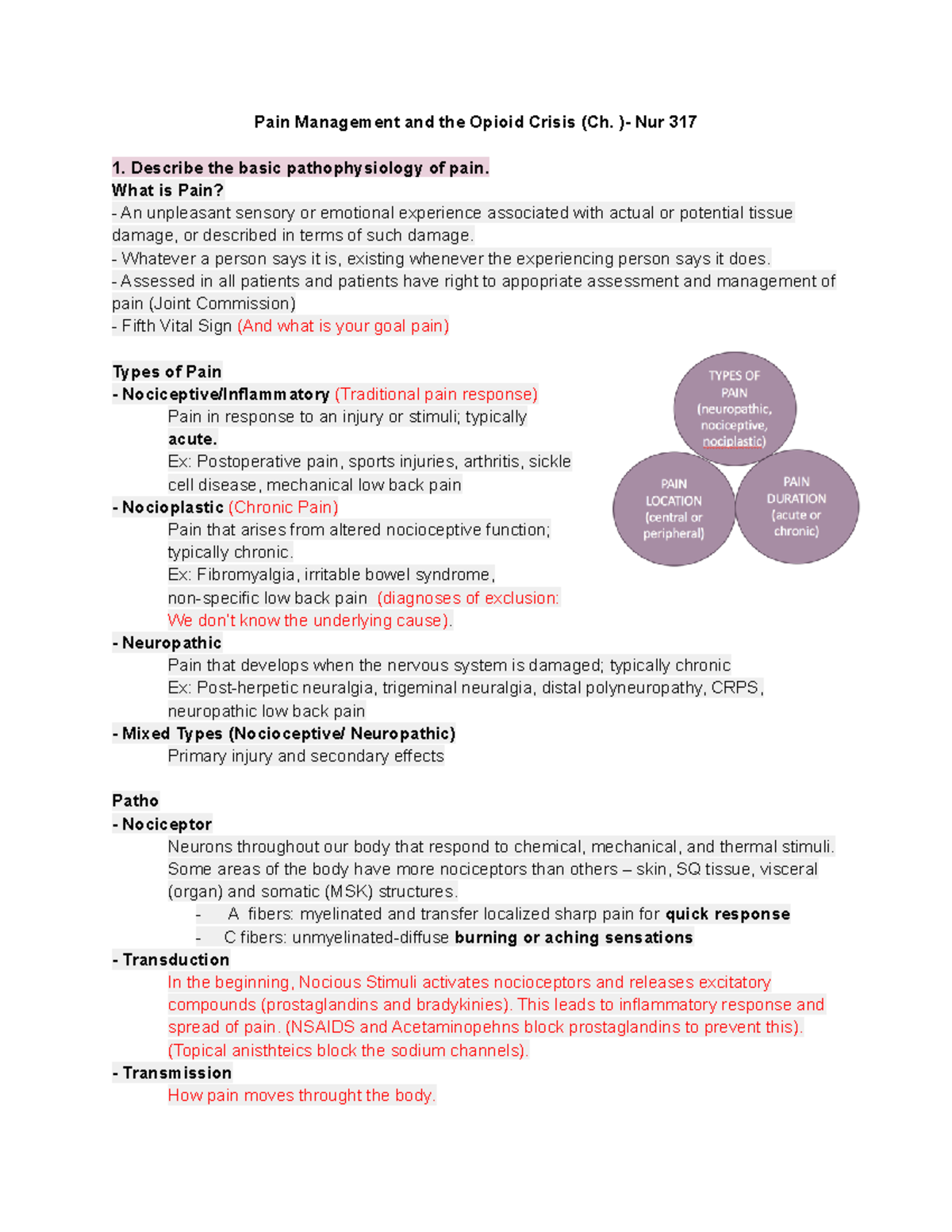 Pain Management Lesson Objectives (Adult Health Exam 4) Pain