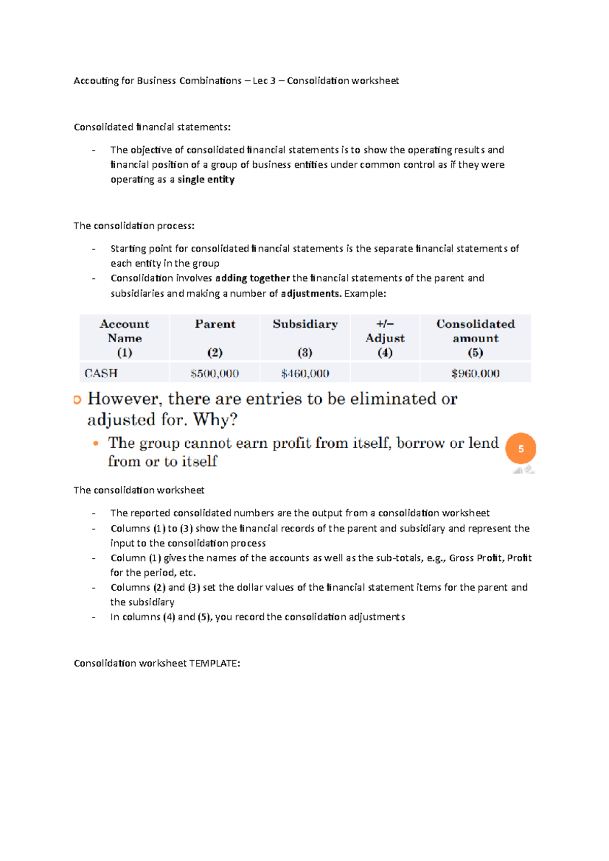 Accouting for Business Combinations – Lec 3 – Consolidation worksheet ...