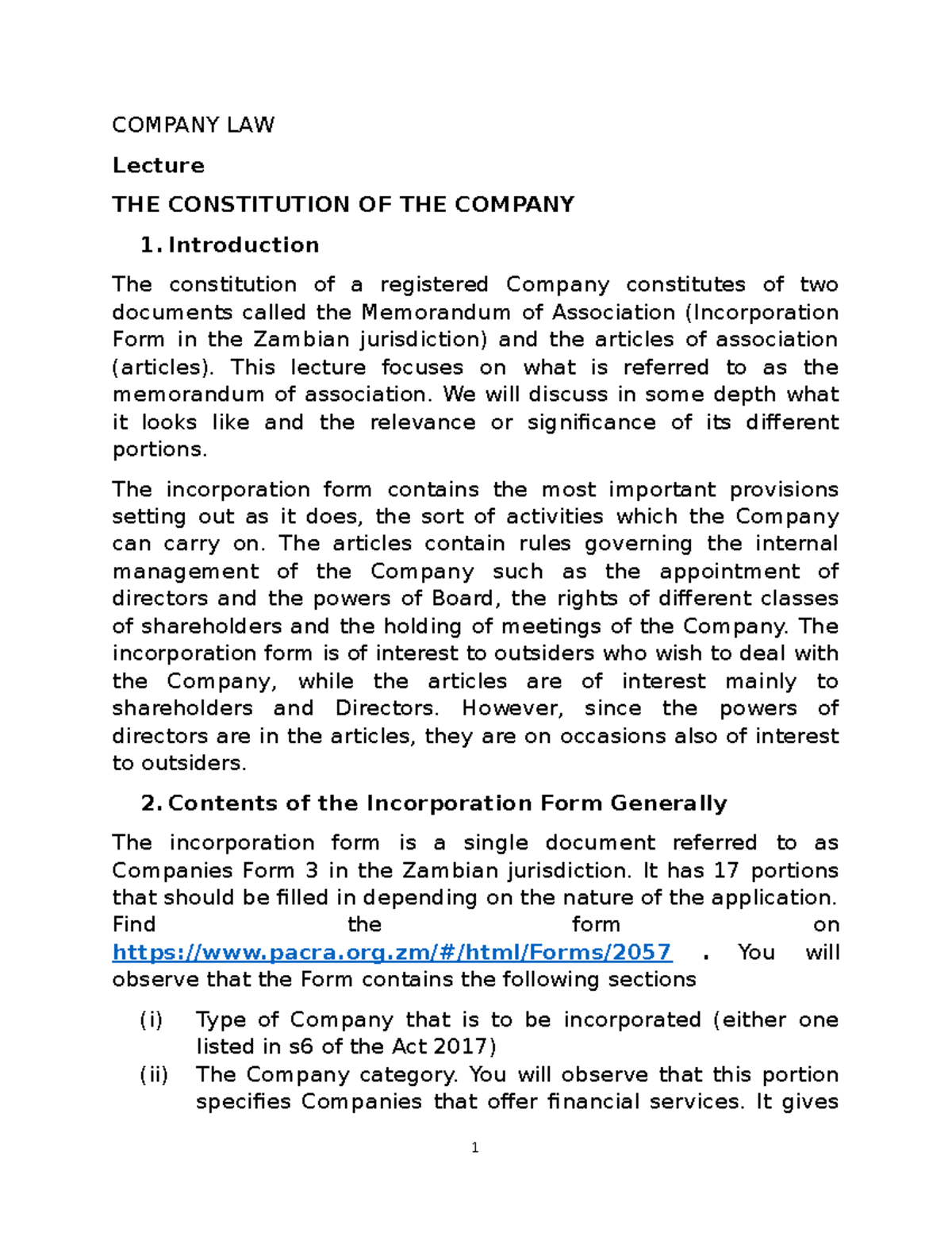 The Constitution of the Company COMPANY LAW Lecture THE CONSTITUTION