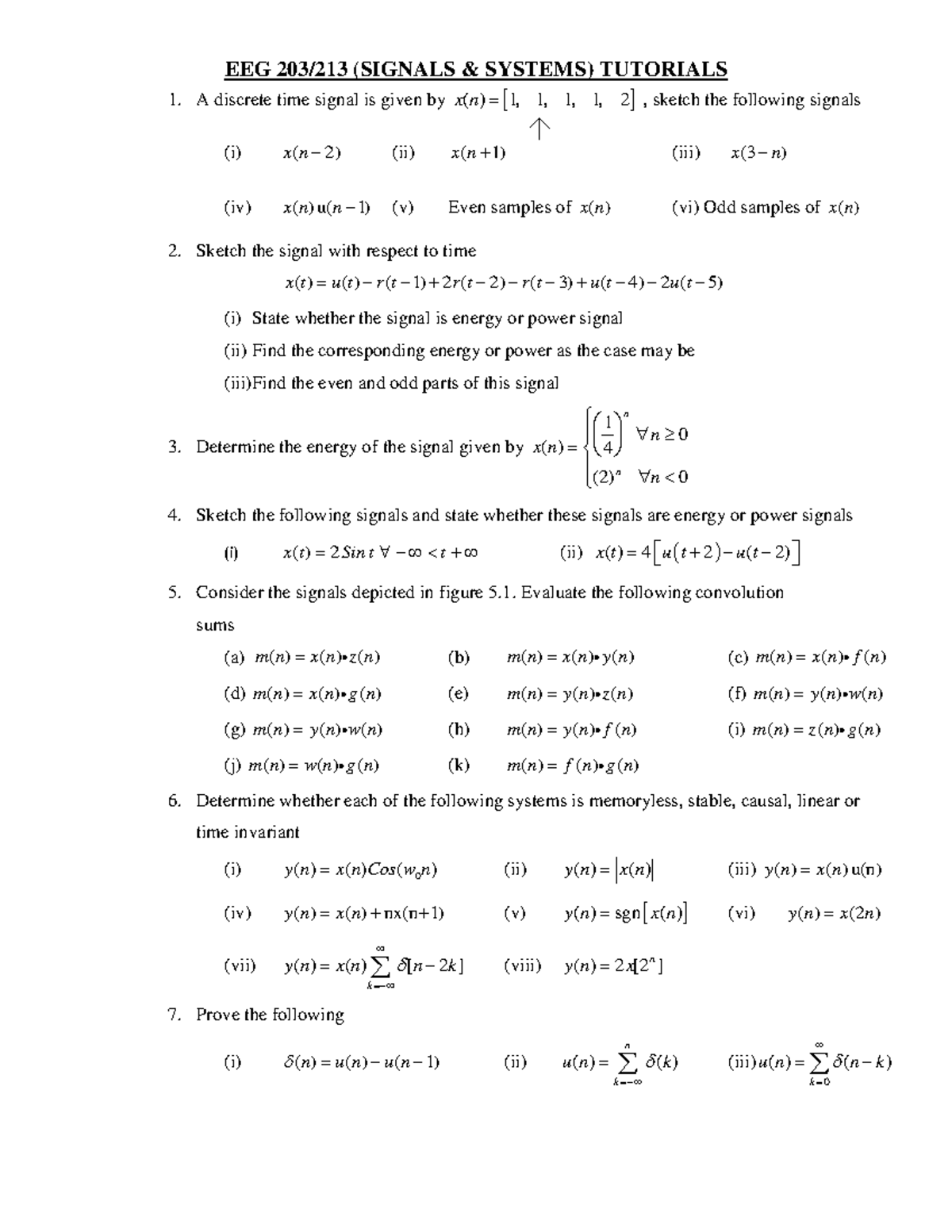 Tutorial Practice Problems - EEG 203/213 (SIGNALS & SYSTEMS) TUTORIALS ...