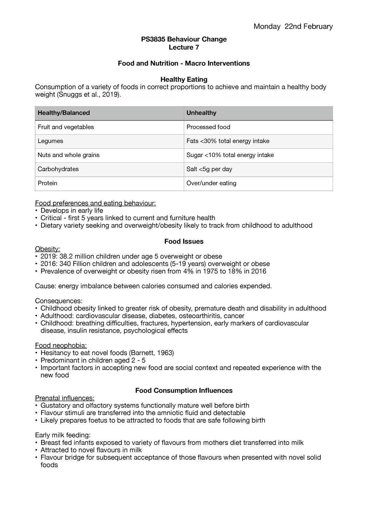 S2, W7 - Lecture notes 7 - PS3835 Behaviour Change Lecture 7 Food and ...