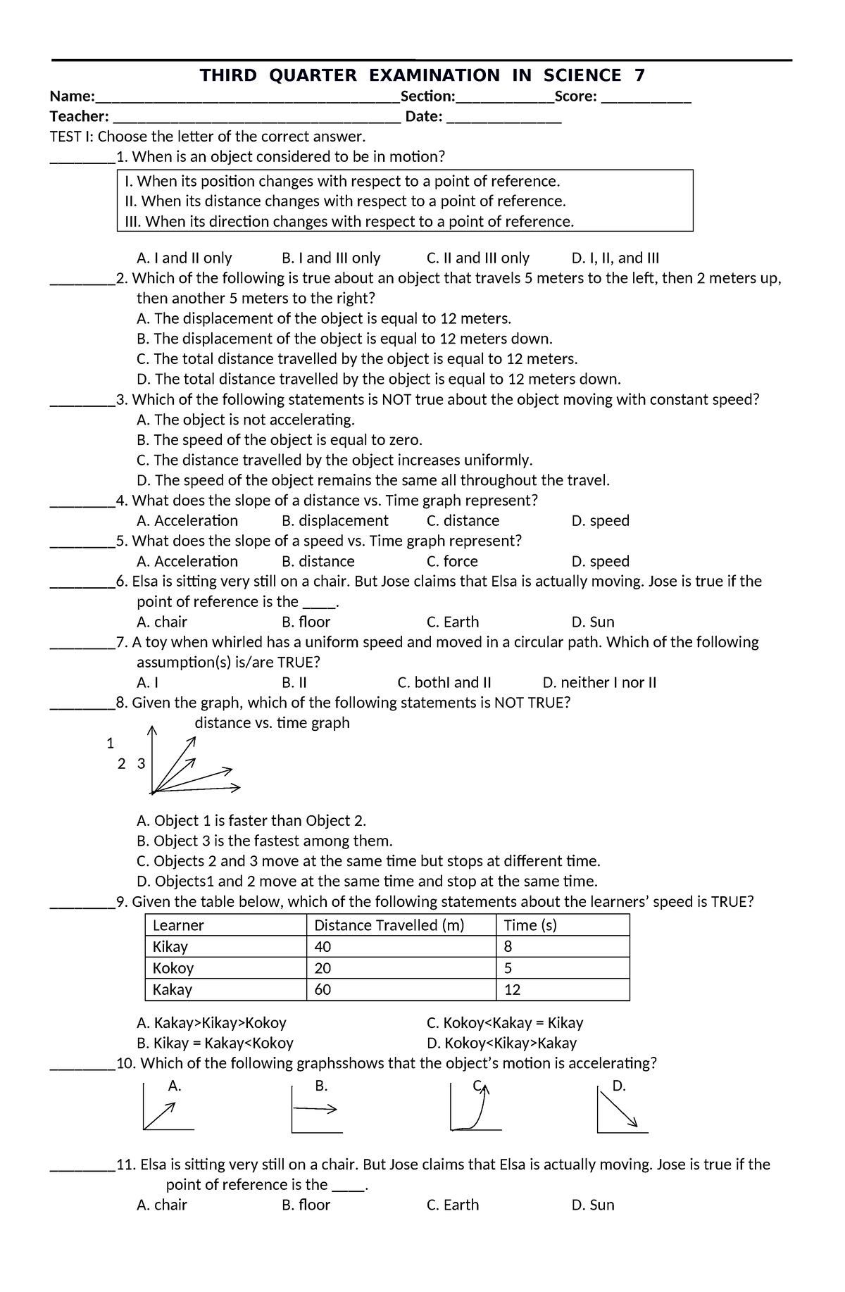 Science 3rd Quarter Exam - THIRD QUARTER EXAMINATION IN SCIENCE 7 - Studocu