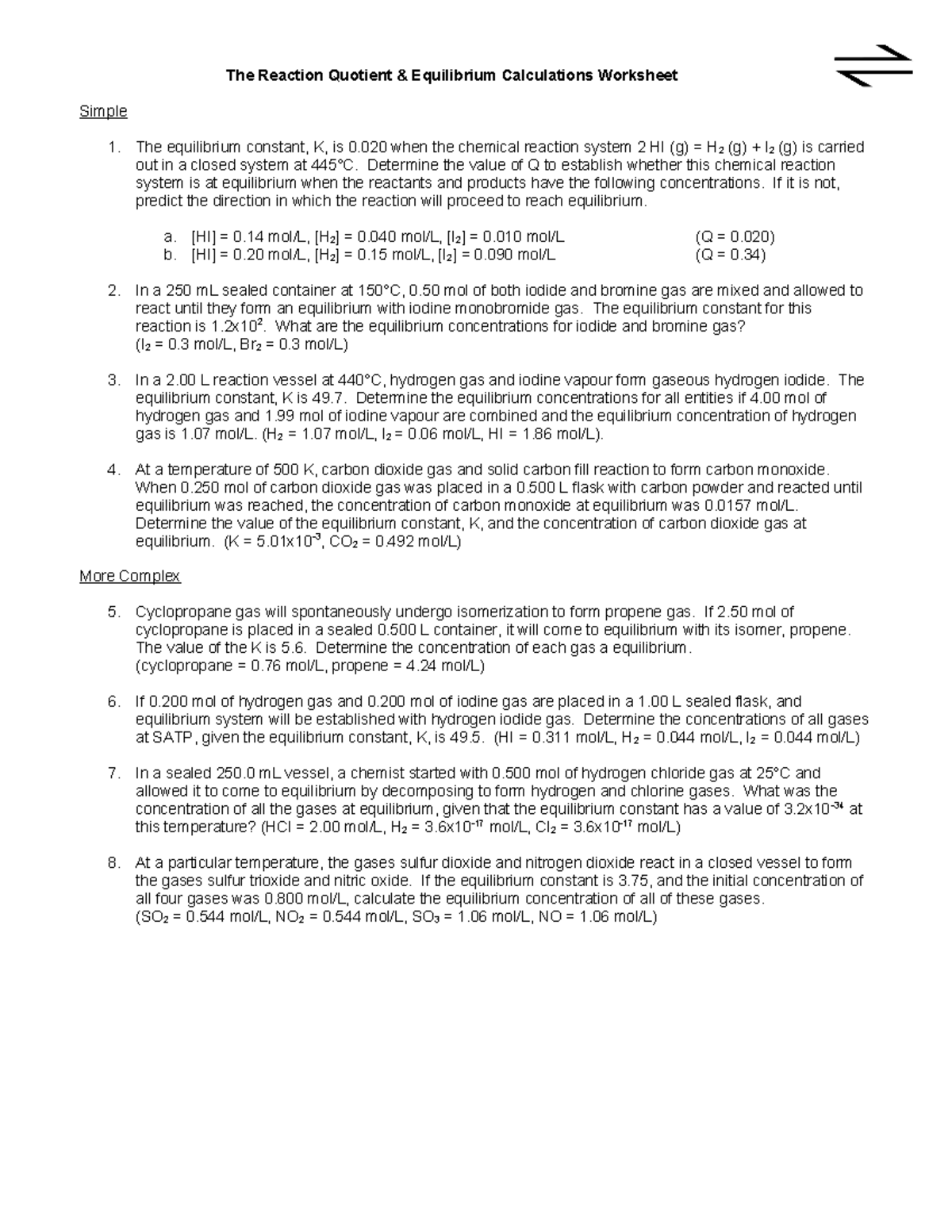 12u equilibrium lesson 4 reaction quotient worksheet The Reaction