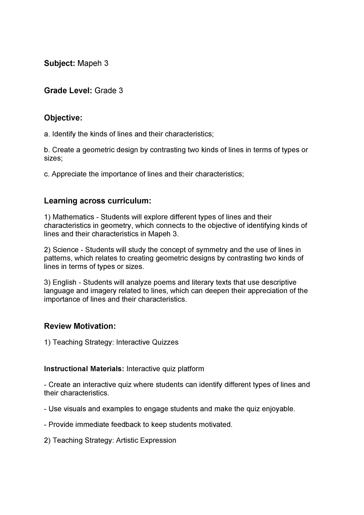 Curriculum Guide 2023 - Subject: Mapeh 3 Grade Level: Grade 3 Objective ...
