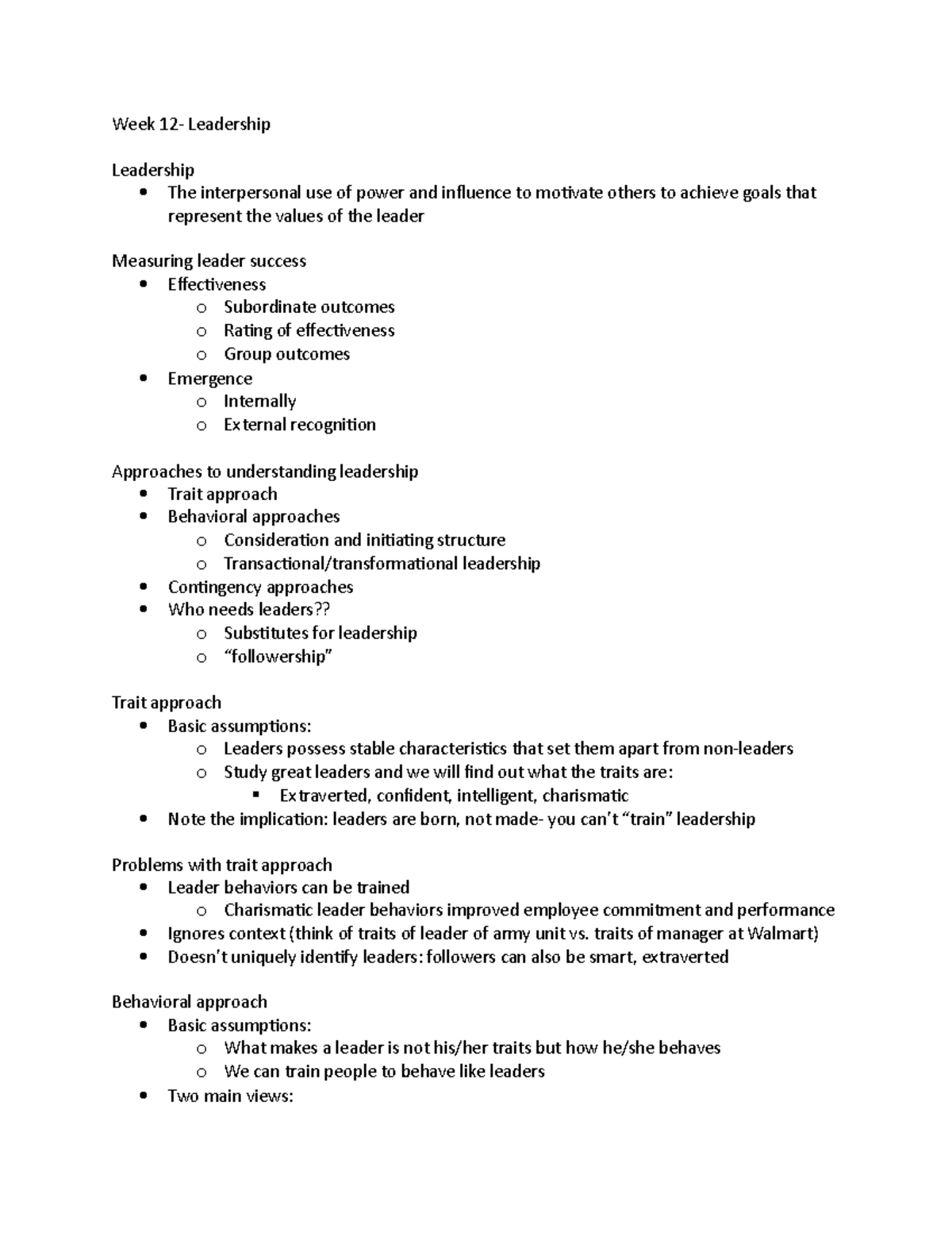 Week 12- Leadership - MGT 325 - MSU - Studocu