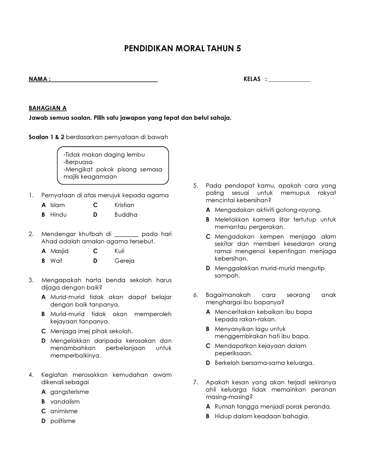 Ujian Akhir Tahun KSSR Tahun 5 Pendidikan Moral Set1 - PENDIDIKAN MORAL ...