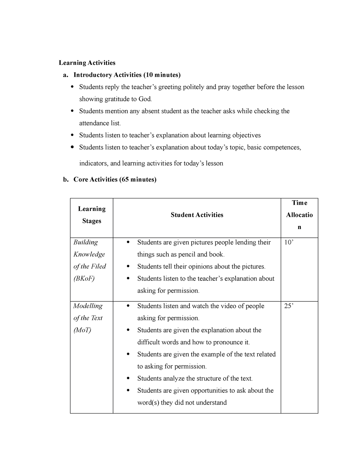 Class Activities In Lesson Plan