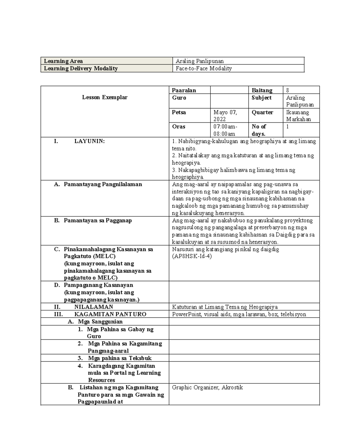 Detailed Lesson Plan Katuturan at Limang Tema ng Heograpiya - Learning ...