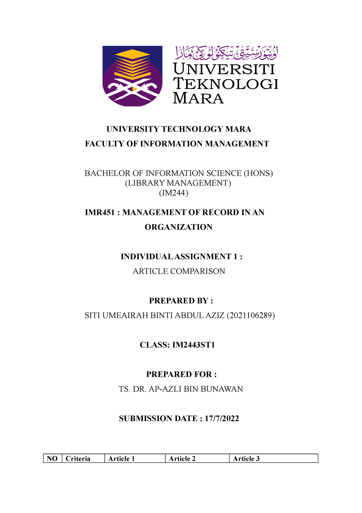 assignment 1 imr451