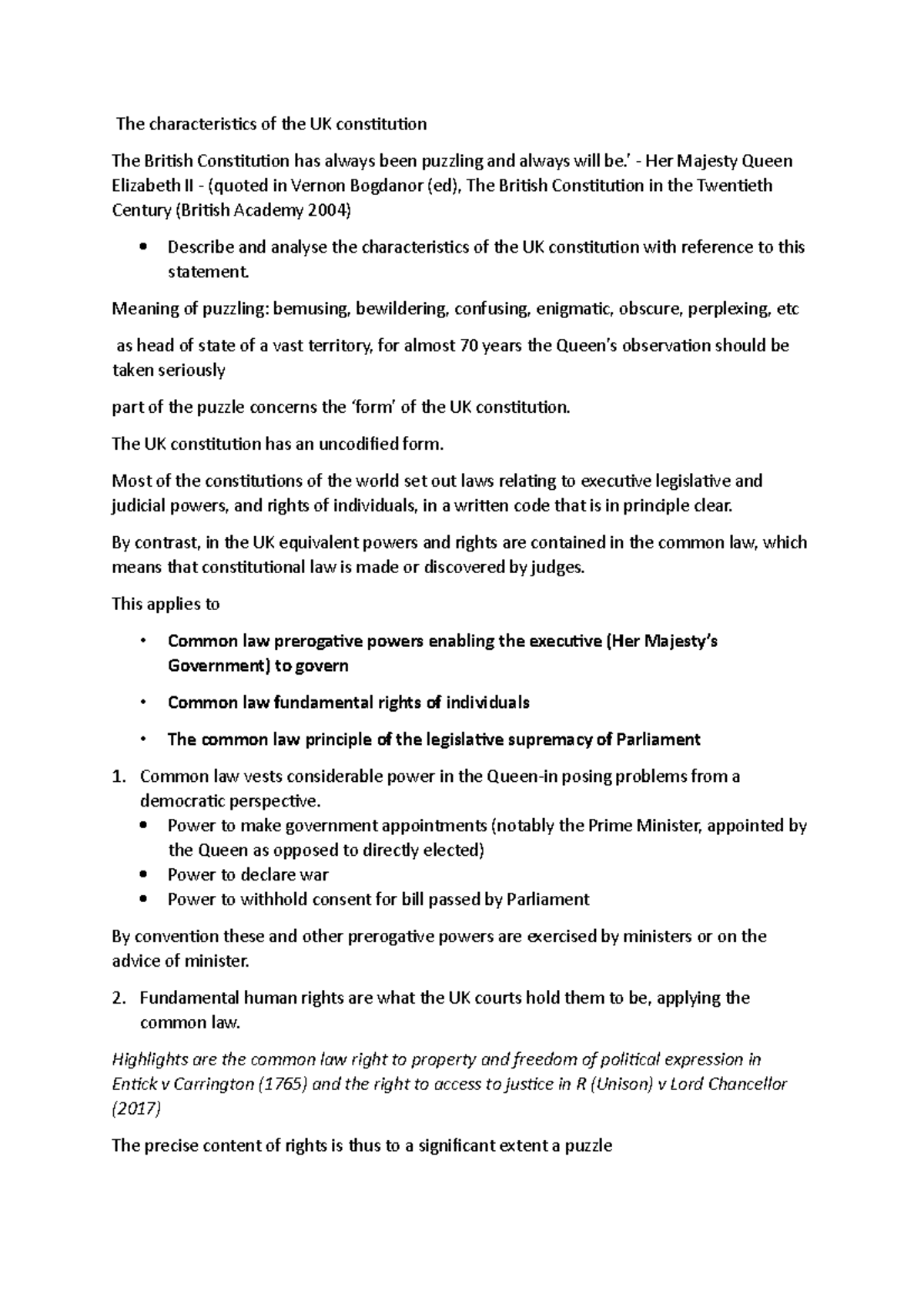 Public law t1 - Lecture notes 1 - The characteristics of the UK ...
