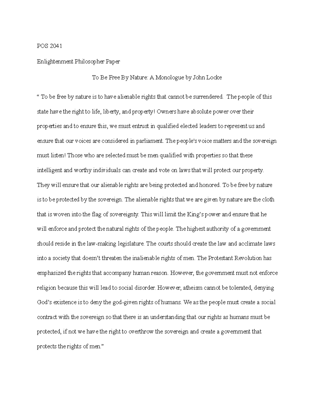 Enlightenment Philosopher Paper - POS 2041 Enlightenment Philosopher ...