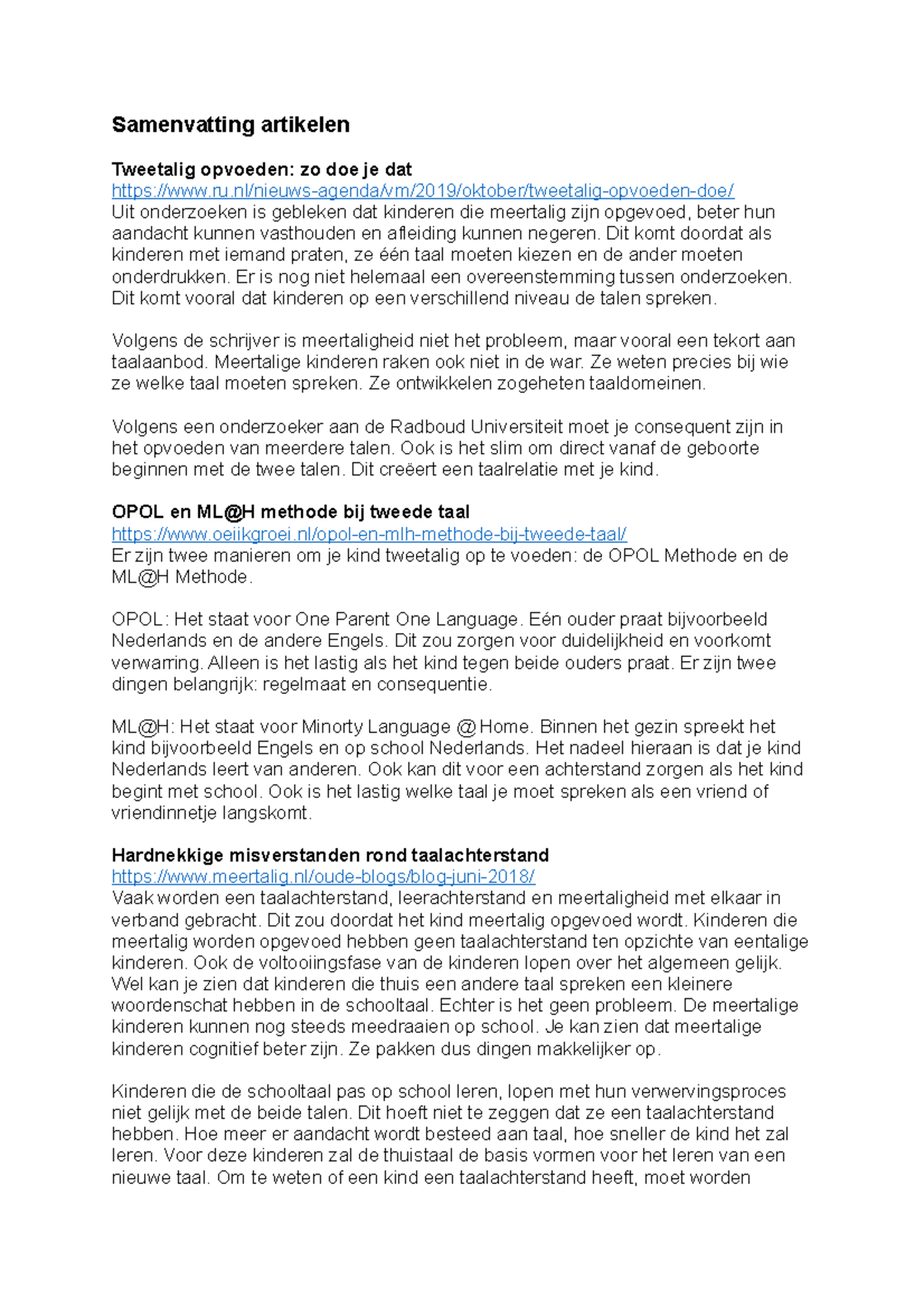 Nederlands Samenvatting Artikelen Samenvatting Artikelen Tweetalig