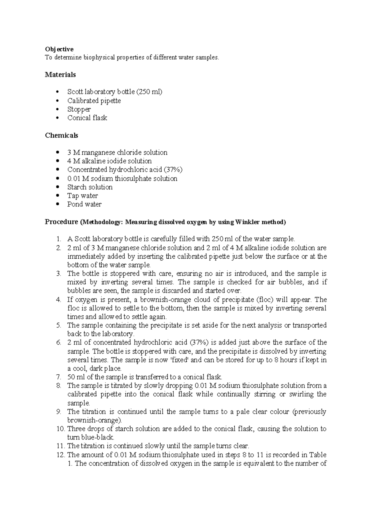 BIO330 lab experiment water quality analysis Objective To determine
