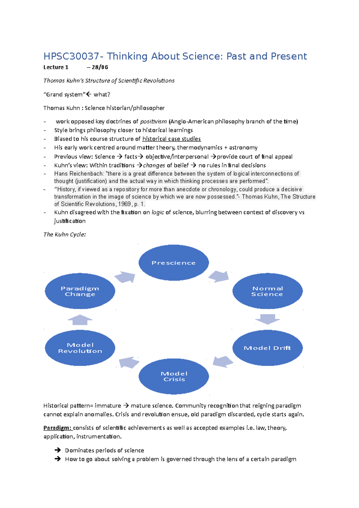 Philosphy and History of Science Course Notes HPSC30037 Thinking About Science Past and