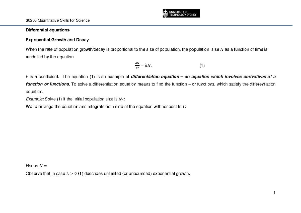 QSS Diff Eqns lecture Differential equations Exponential Growth and