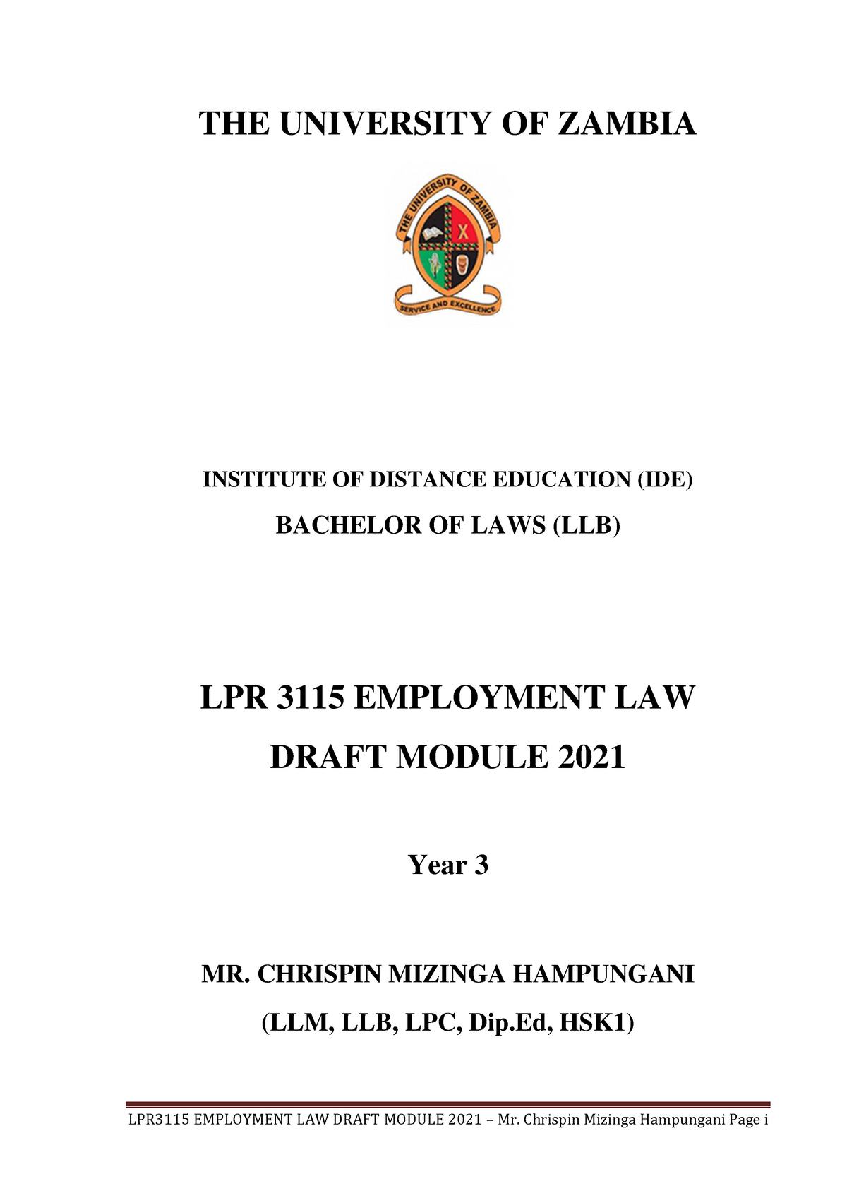 Module for Employment Law and Labour in Zambia Law of Tort I ZAOU