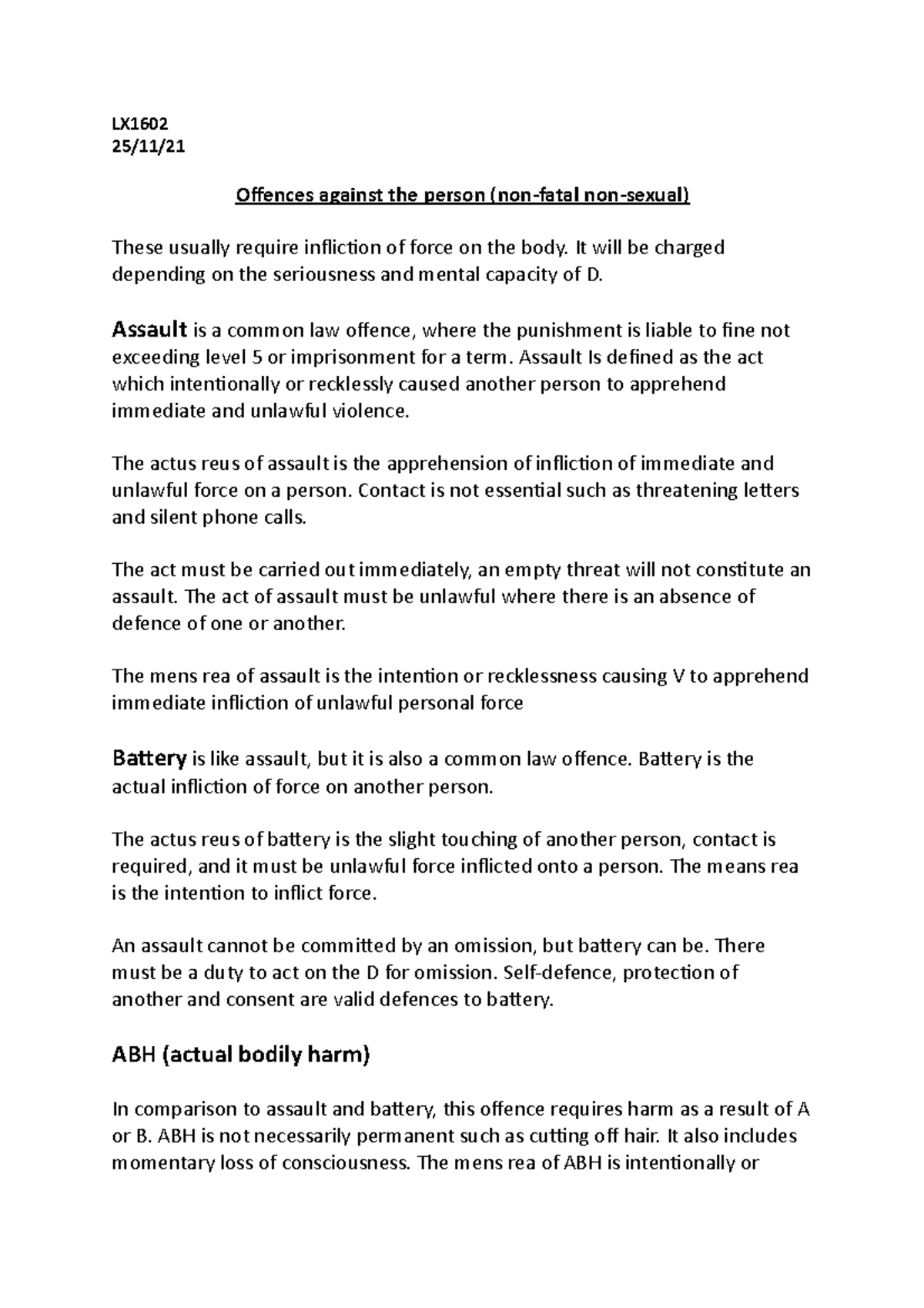 Offences Against The Person (non-fatal Non-sexual) - LX 25/11/ Offences ...