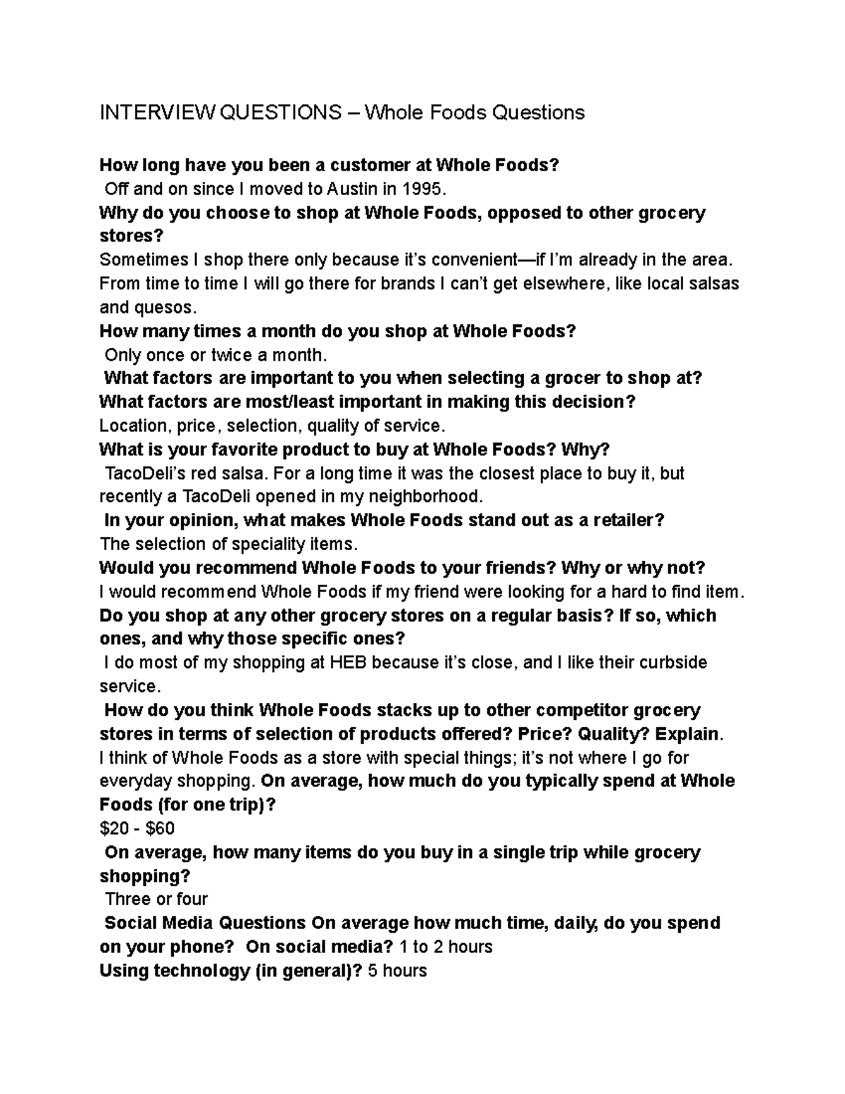 Whole foods interview MKTG 321 INTERVIEW QUESTIONS Whole Foods Questions How long have you