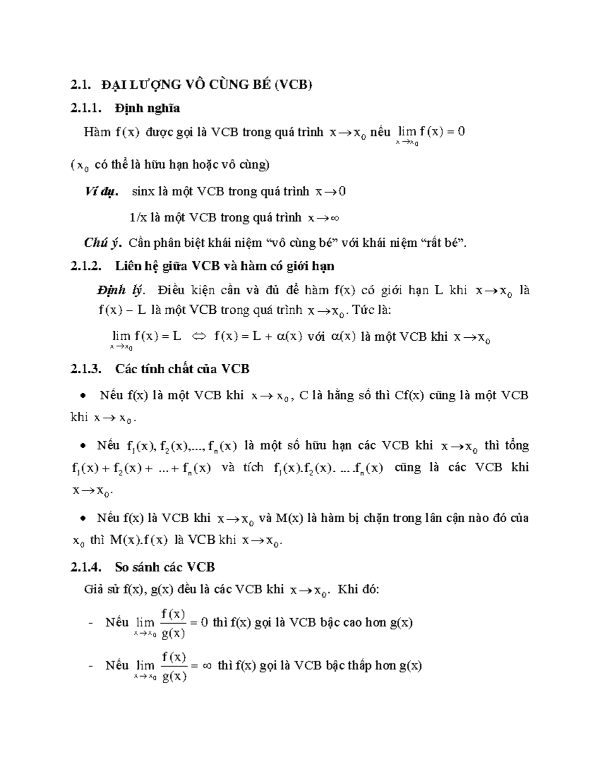 Chương 2-Vô cùng lớn Vô cùng Bé - 2. Đ¾I L ̄ỢNG VÔ CÙNG BÉ (VCB) 2.1 ...
