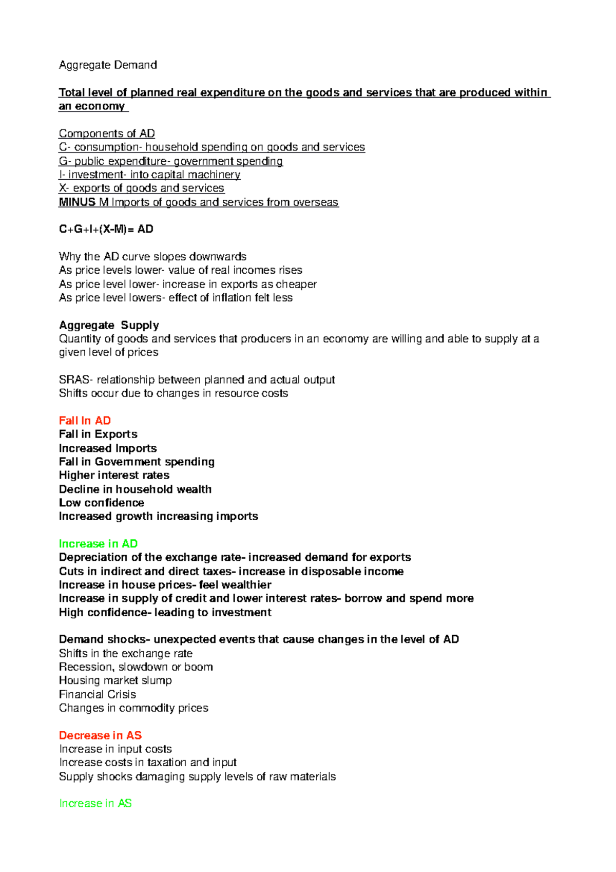 AD and AS basics ECON 2 notes - Aggregate Demand Total level of planned ...