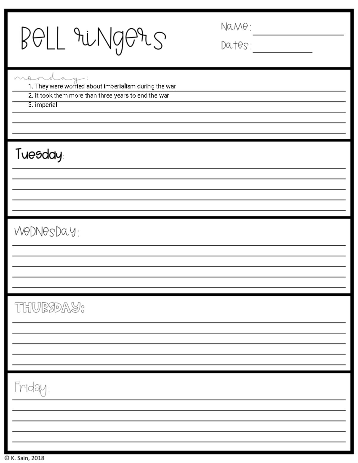 Jacob Pilkington - [Template] Bell Ringers and Exit Tickets for Class ...