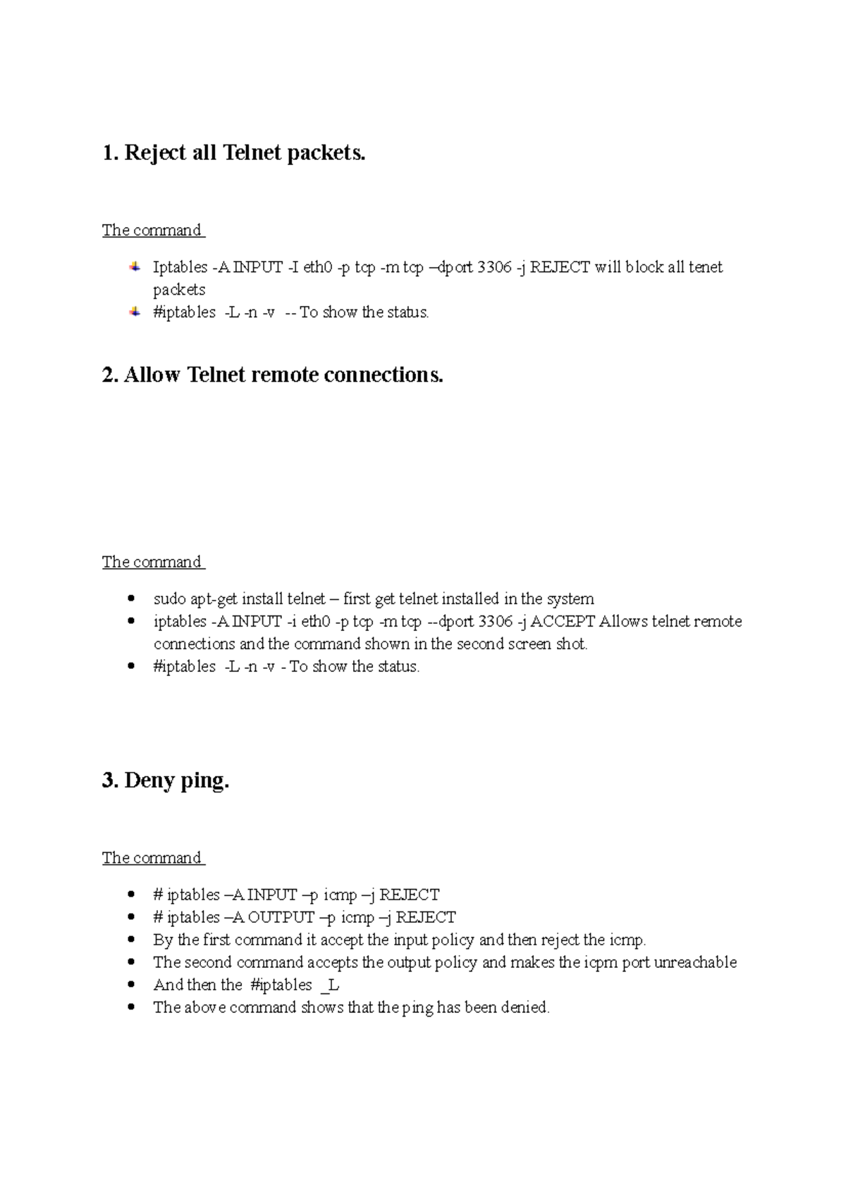 Assignment 2 2018 - 1. Reject all Telnet packets. The command Iptables ...