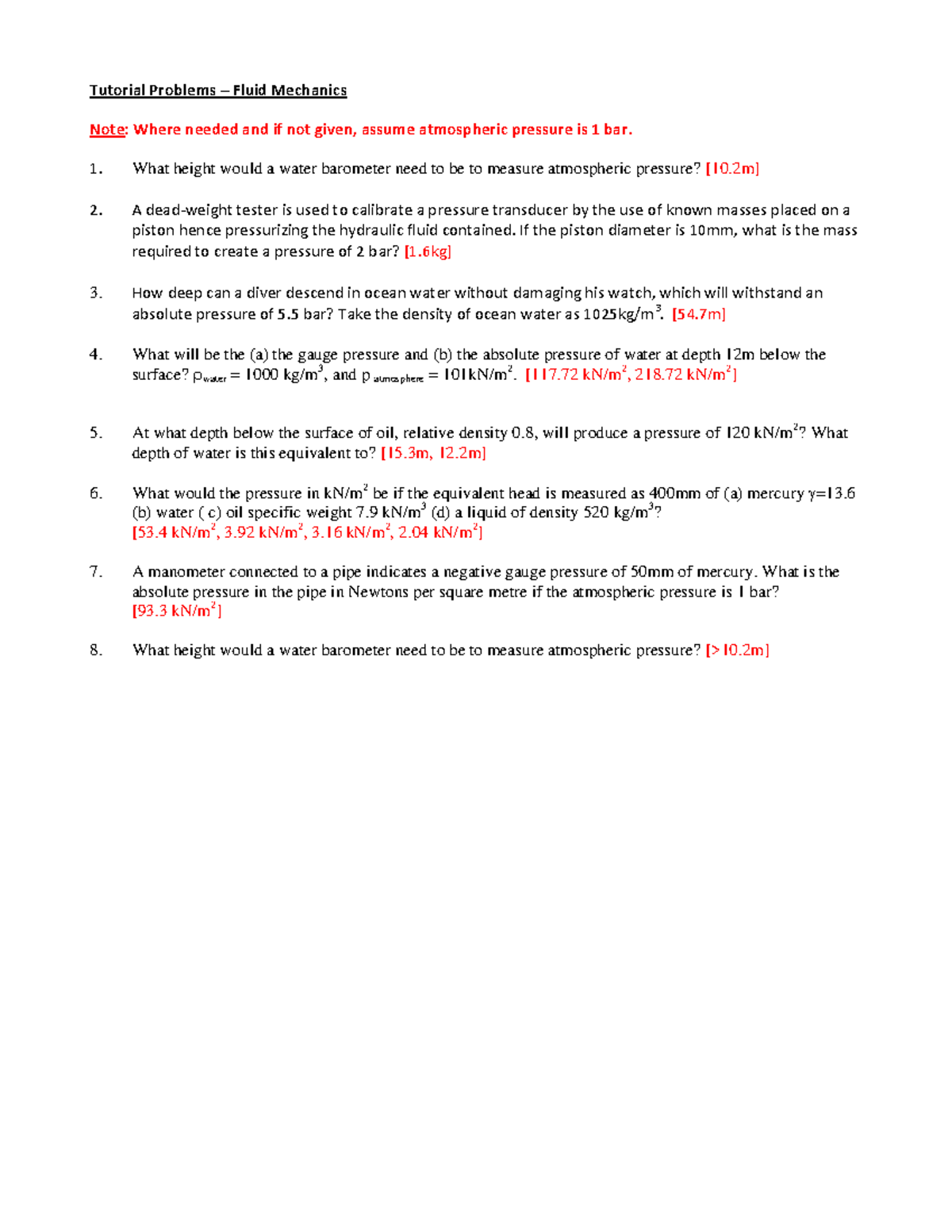 Fluid Statics Tutorial Problems - Tutorial Problems – Fluid Mechanics ...