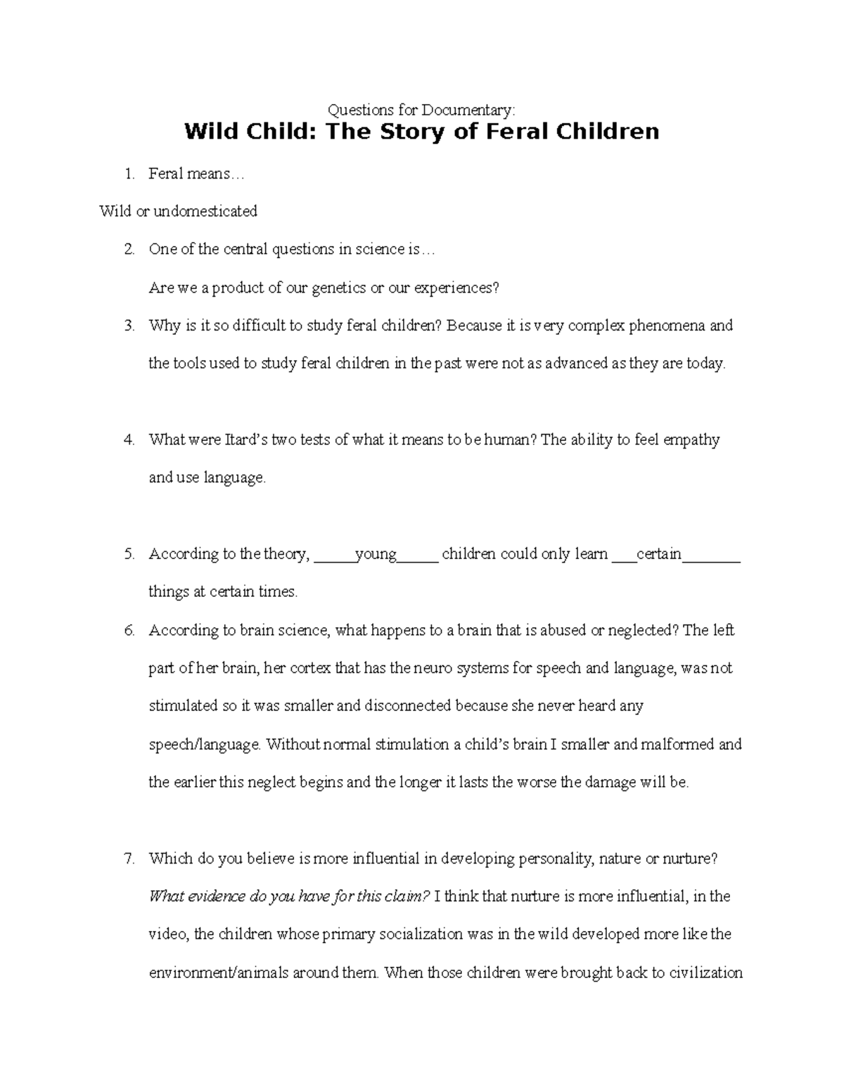 Feral Children Documentary Notes Wallace Questions for Documentary