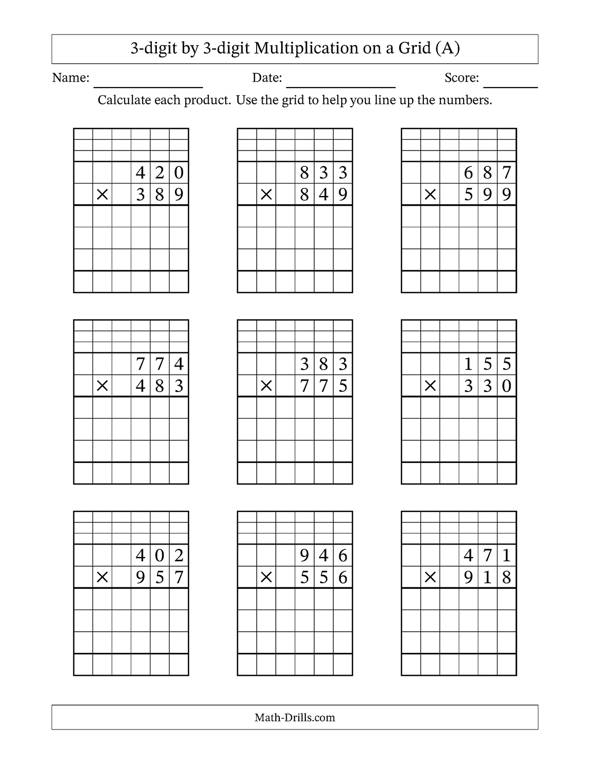 Multiplication with grid 0303 001 - 3-digit by 3-digit Multiplication ...