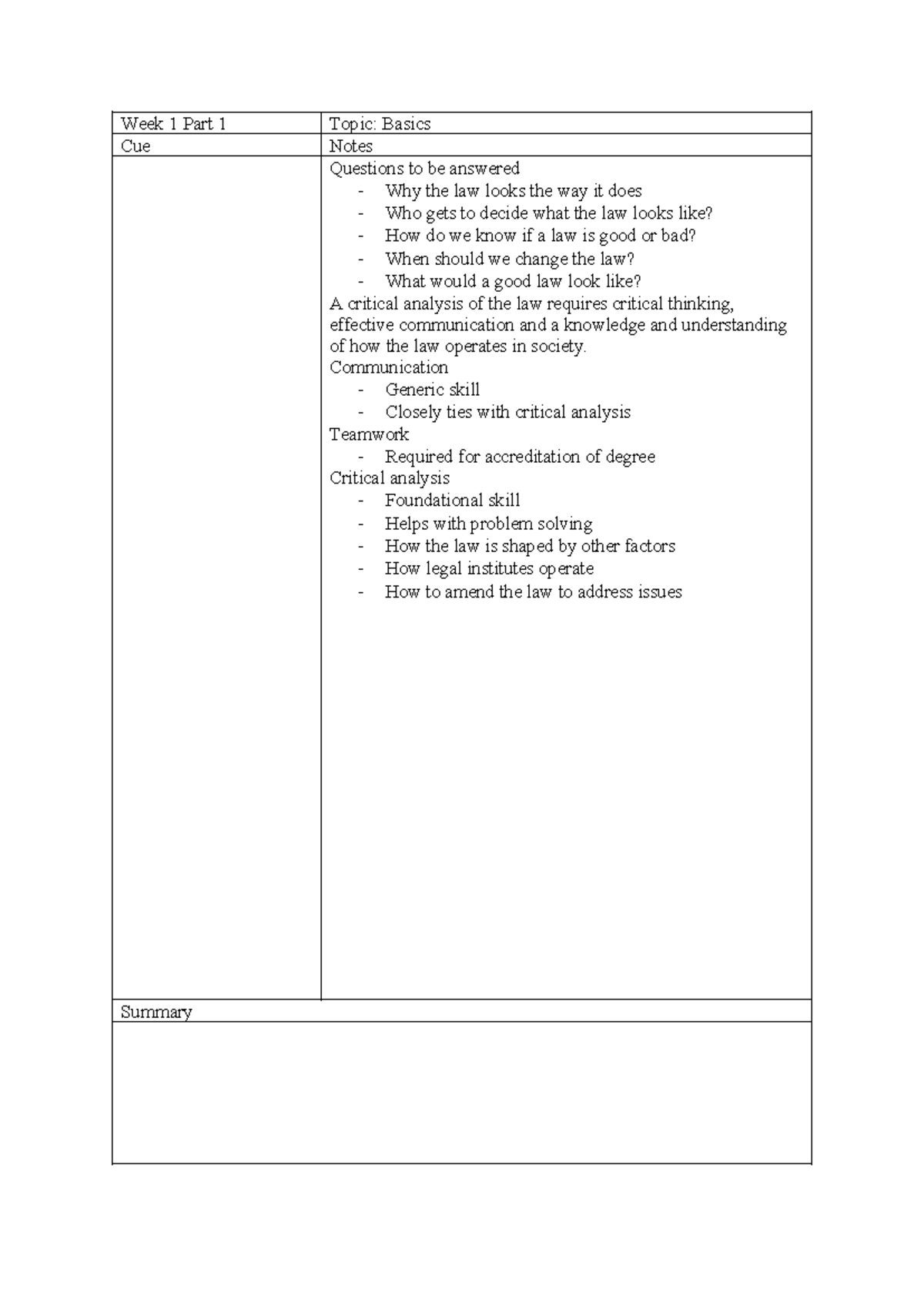 LLB104 Lecture Notes - Week 1 Part 1 Topic: Basics Cue Notes Questions ...