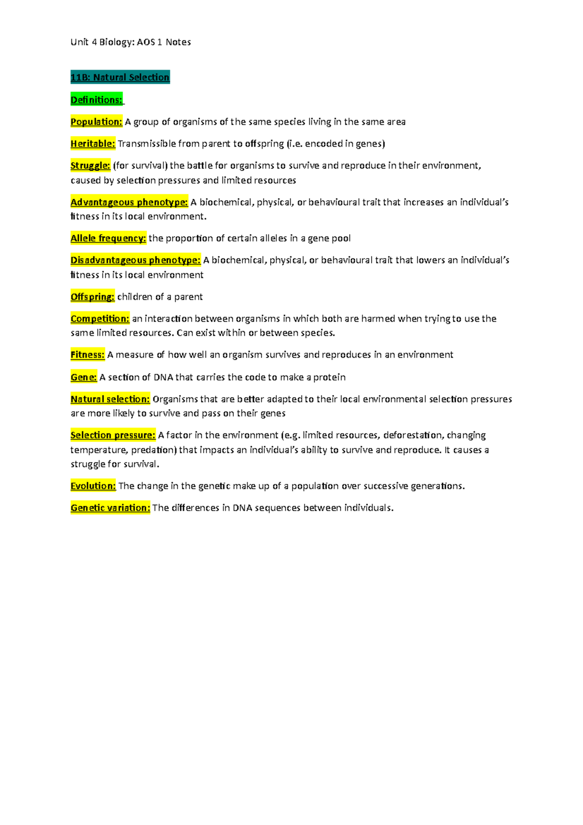 11B lecture notes 2 - Unit 4 Biology: AOS 1 Notes 11B: Natural ...