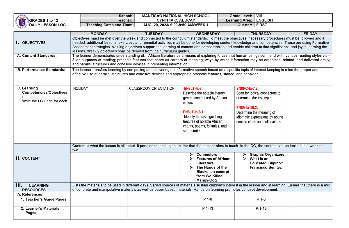 First 1 - good - GRADES 1 to 12 DAILY LESSON LOG School: MANTICAO ...