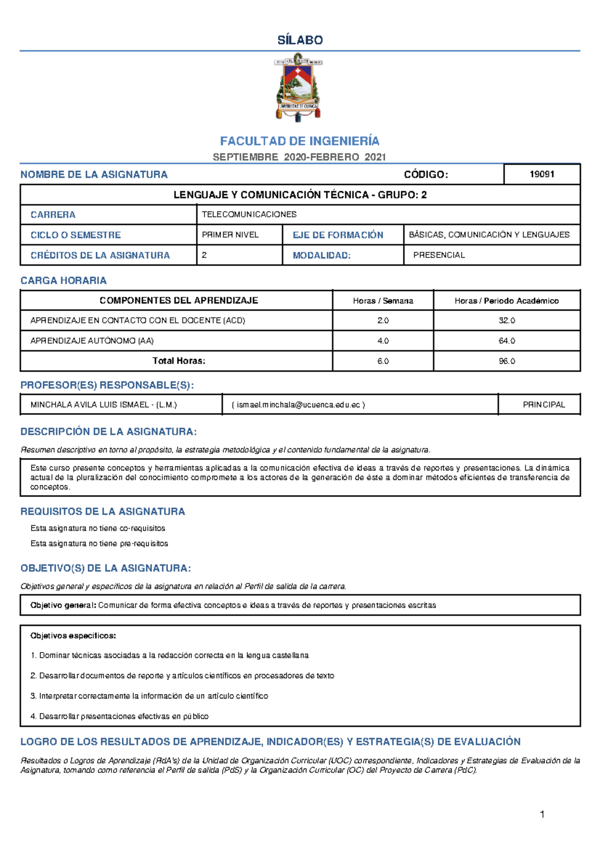 Silabo Lenguaje Y Comunicaci N T Cnica S Labo Facultad De Ingenier A Septiembre Febrero