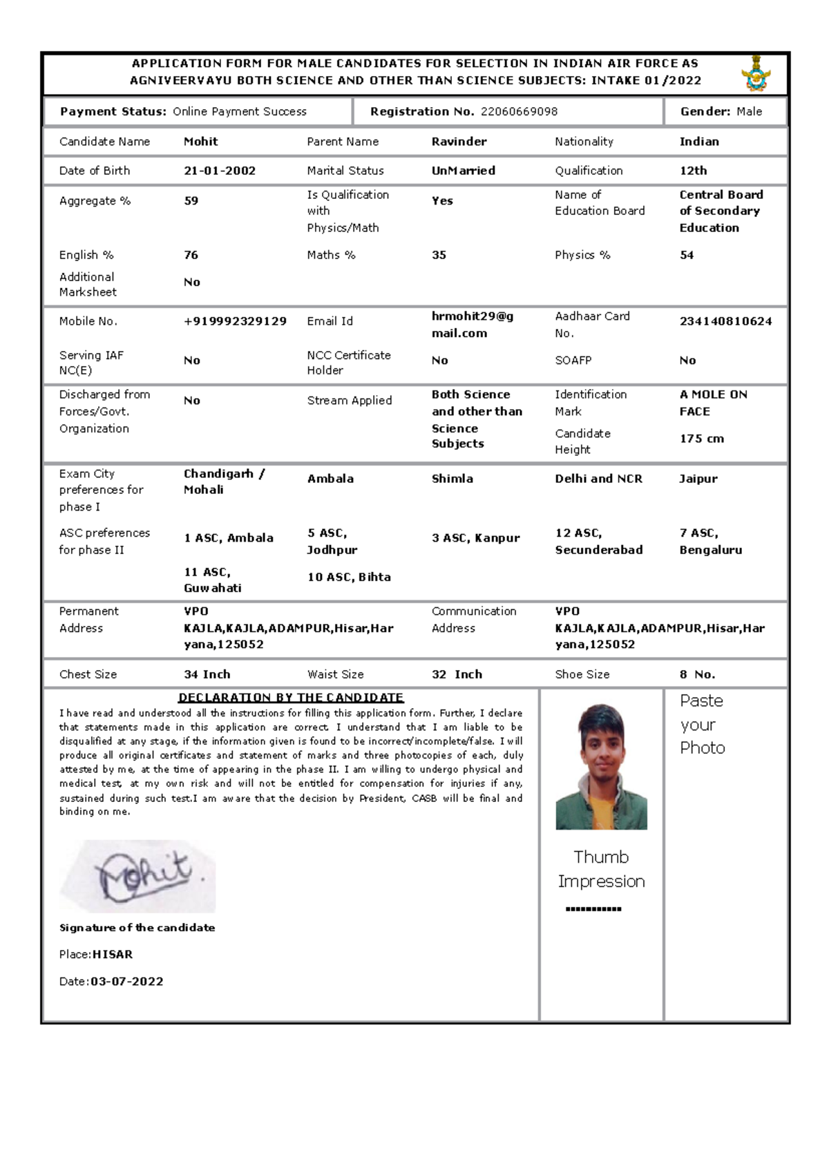 Mohit Agnivaayu - APPLICATION FORM FOR MALE CANDIDATES FOR SELECTION IN ...