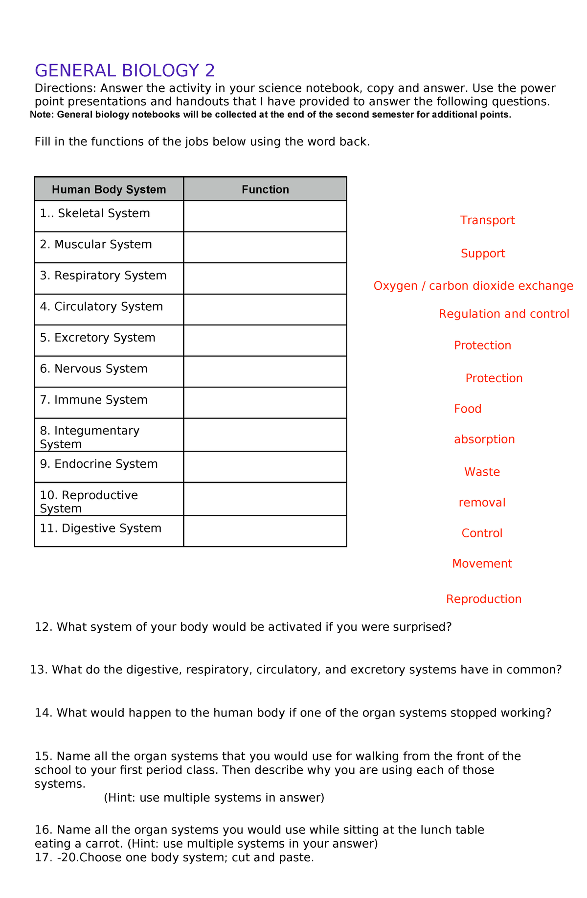 Body-Systems-Worksheet - GENERAL BIOLOGY 2 Directions: Answer the ...