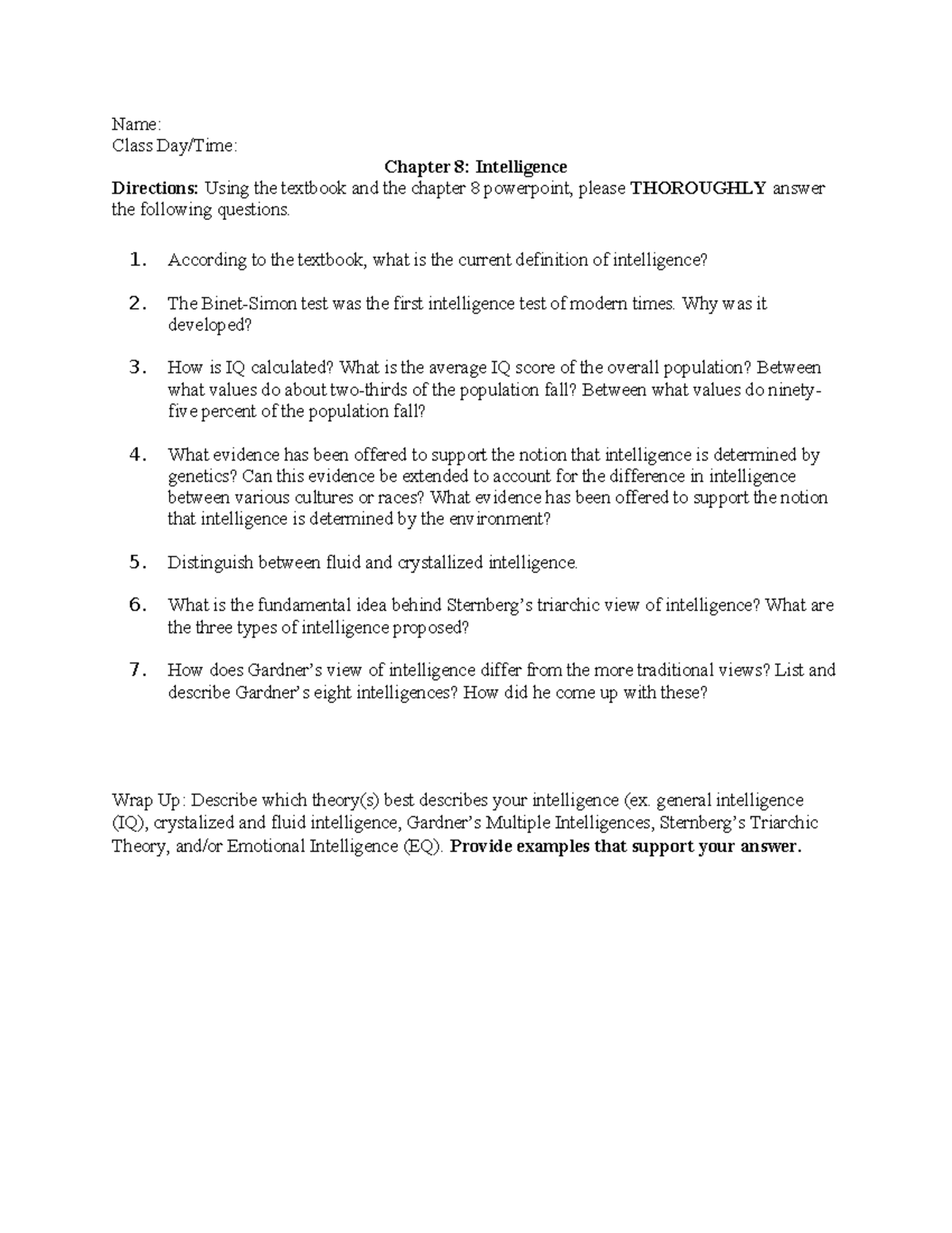 Intelligence Worksheet - Name: Class Day/Time: Chapter 8: Intelligence ...