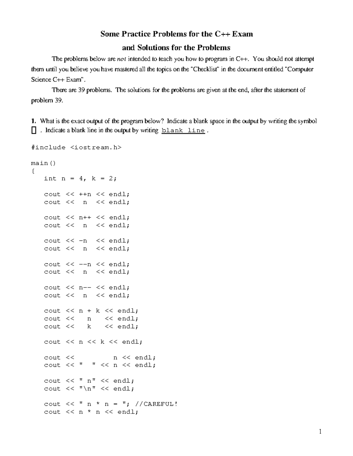 Exam relavent - Some Practice Problems for the C++ Exam and Solutions ...