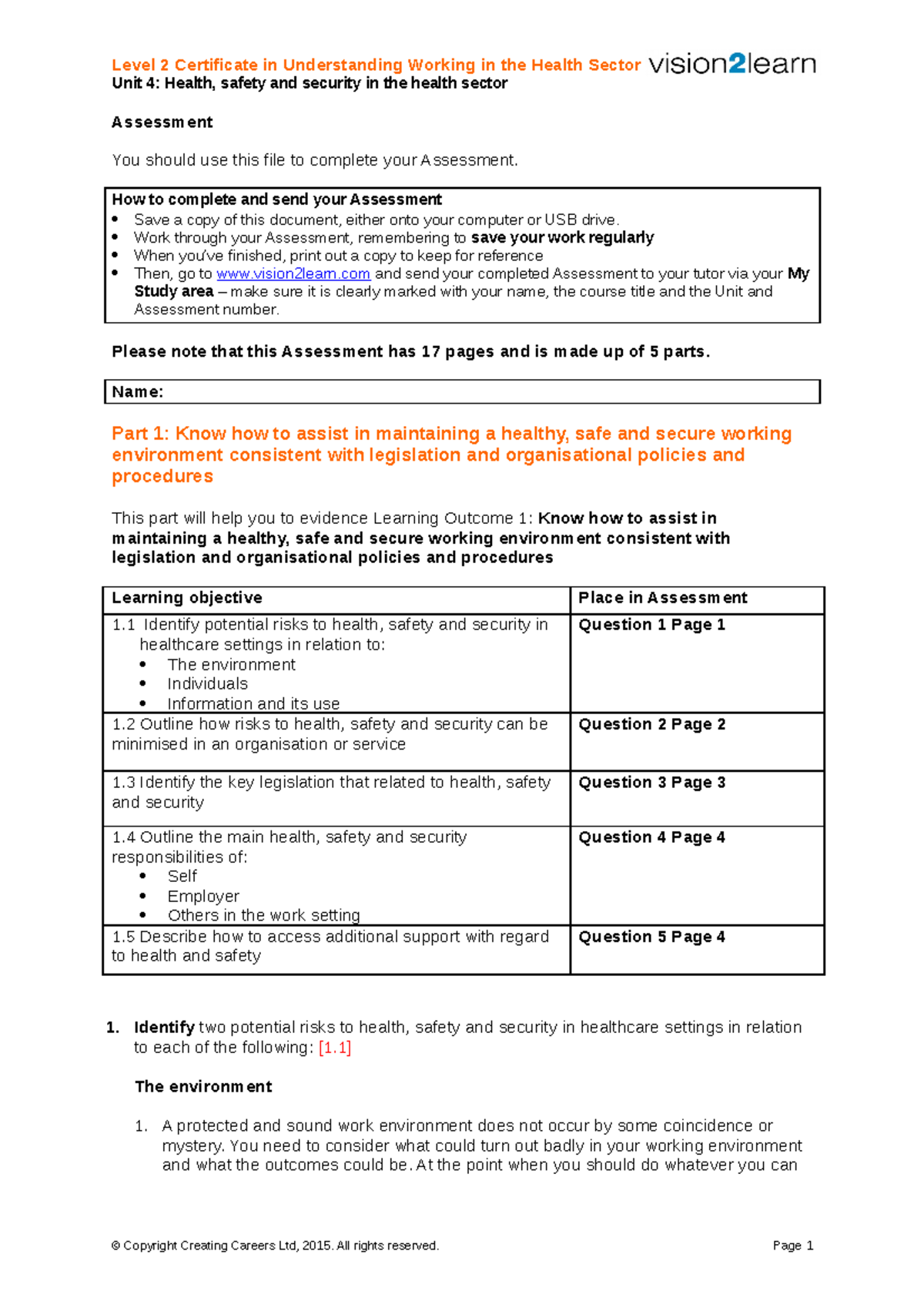 U4 assessment healt sector - Unit 4: Health, safety and security in the ...