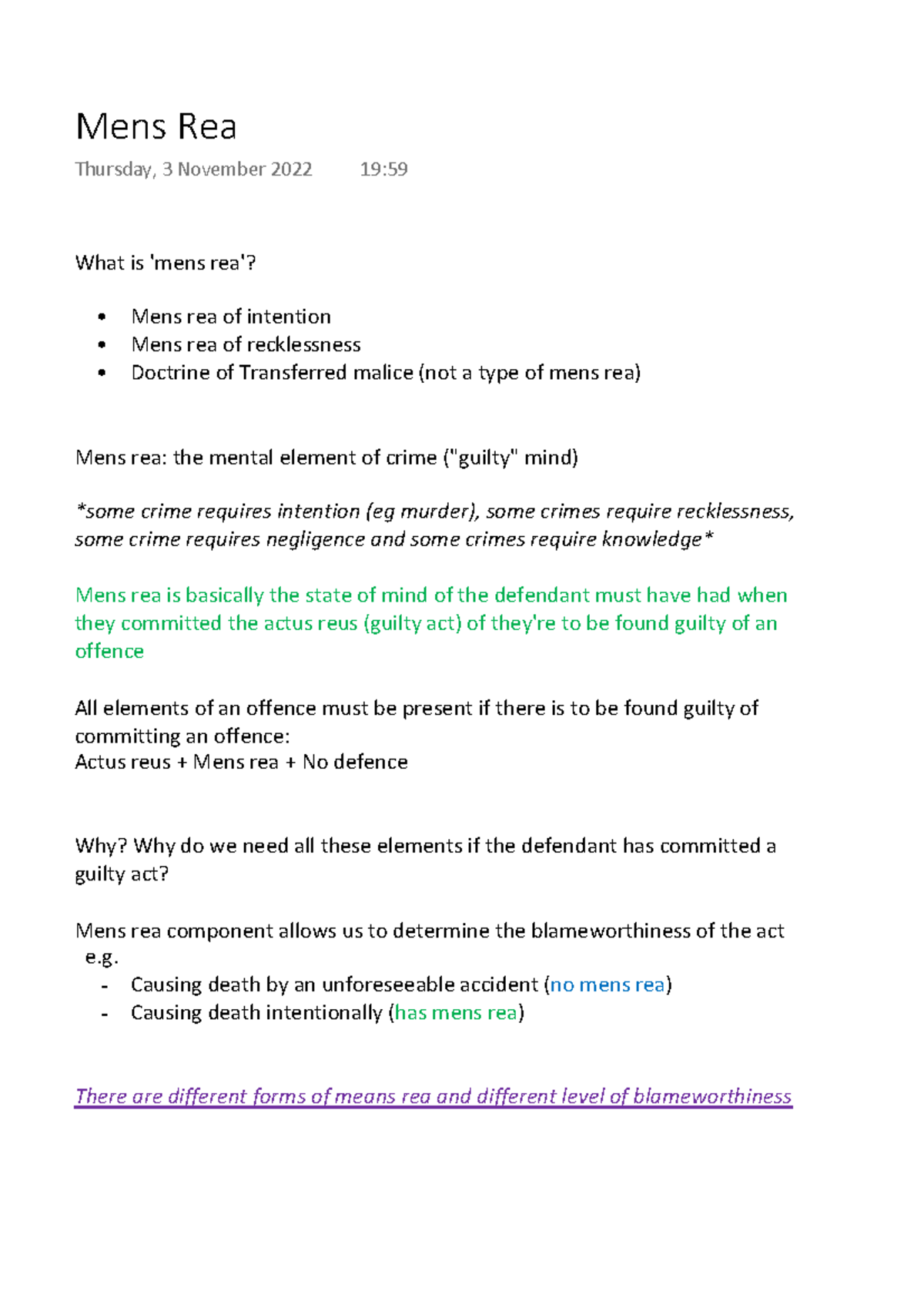 Mens Rea lecture notes on mens rea What is 'mens rea'? Mens rea of