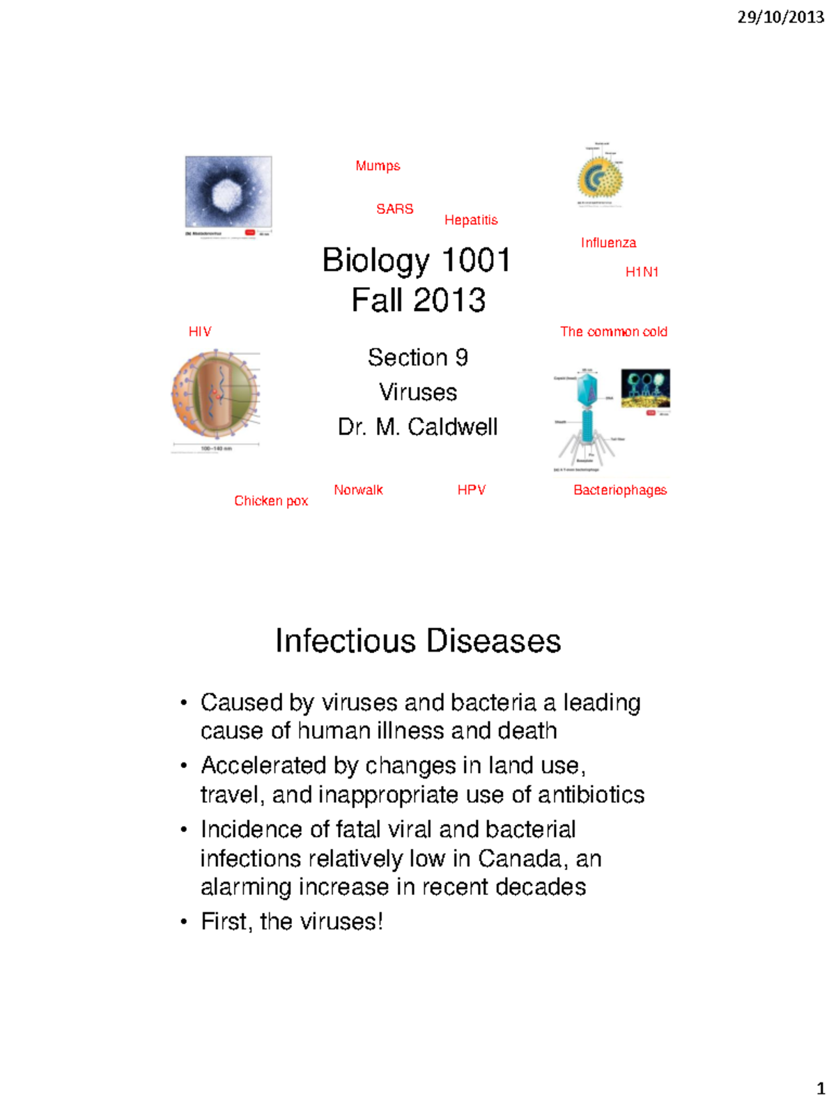 Biology 1001 F13 Section 9 Viruses - 2 slides - 29/10/2013 Mumps SARS ...