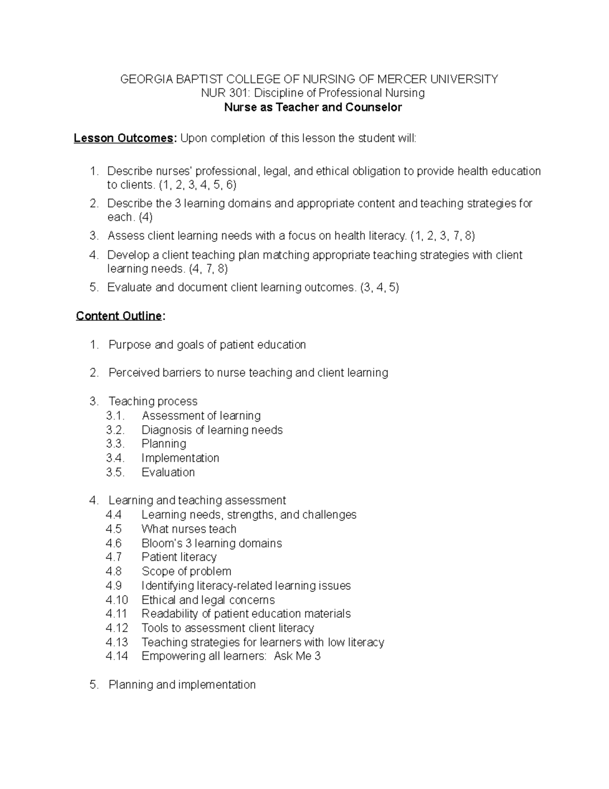 Teaching Counseling Lesson Plan - GEORGIA BAPTIST COLLEGE OF NURSING OF ...