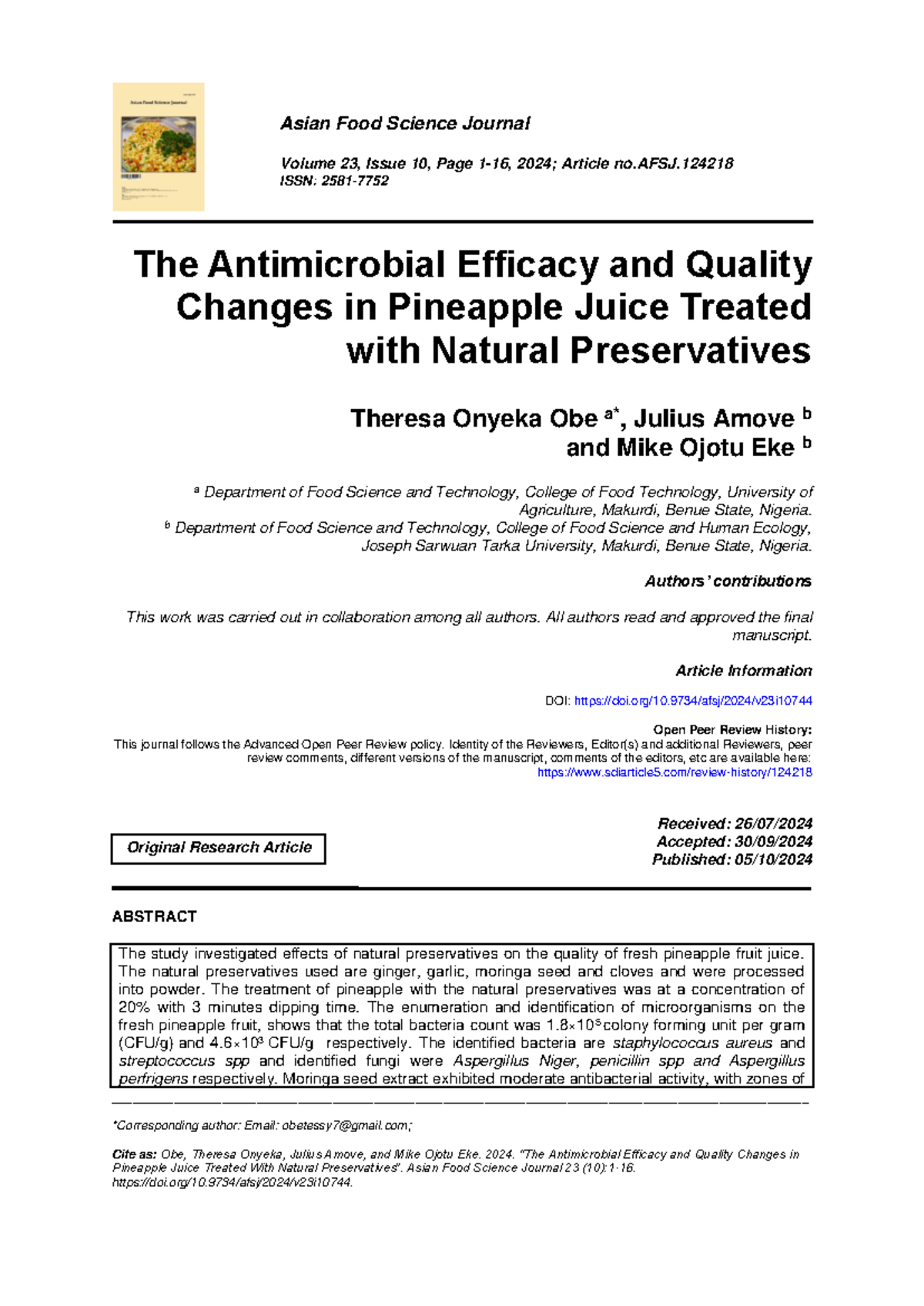 The Antimicrobial Efficacy and Quality Changes in Pineapple Juice ...