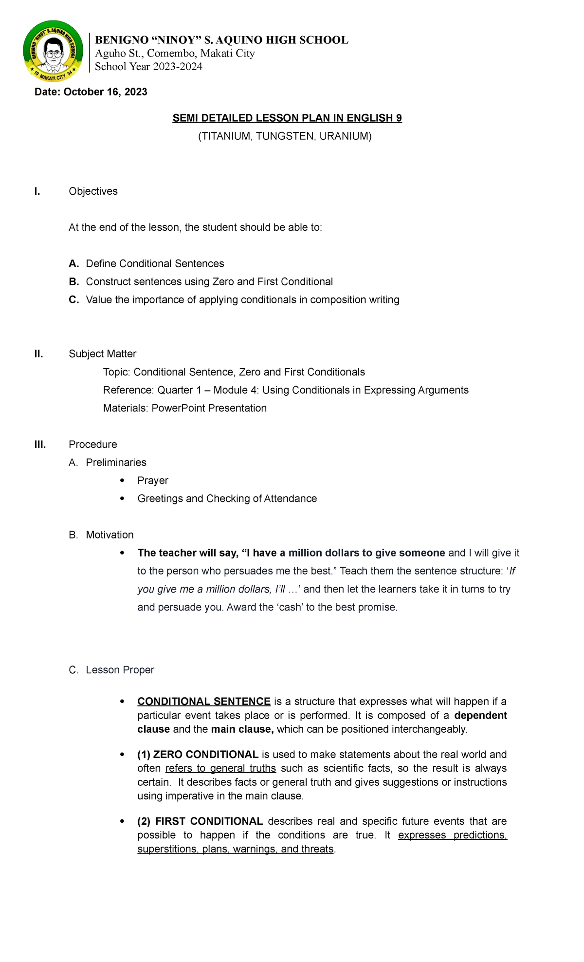 Semi-detailed-LP - useful for new teachers in public - BENIGNO “NINOY ...