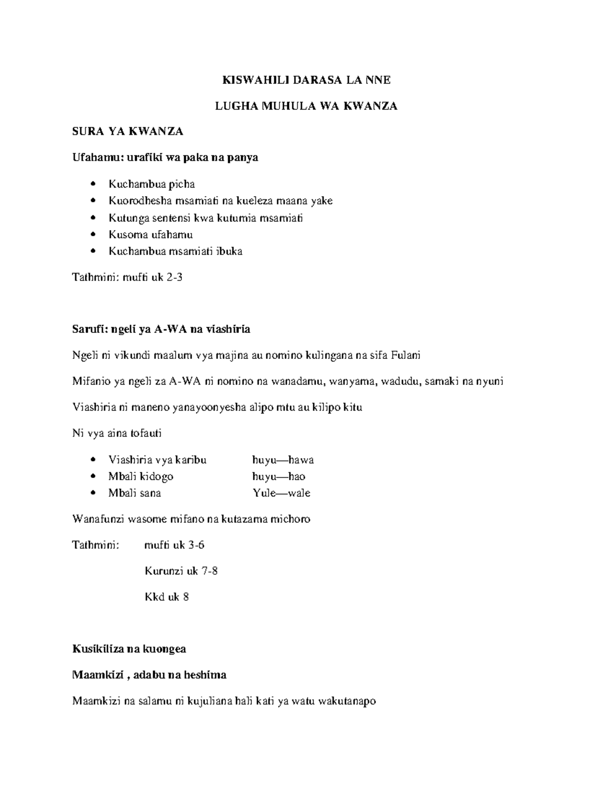 Kiswahili Grade 4 Notes Teacher - KISWAHILI DARASA LA NNE LUGHA MUHULA ...