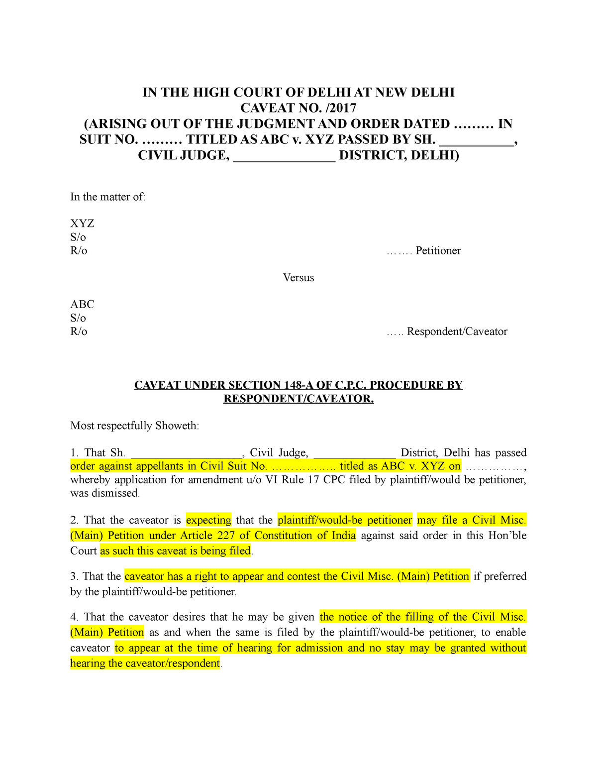 Caveat Application - Good Notes - IN THE HIGH COURT OF DELHI AT NEW ...